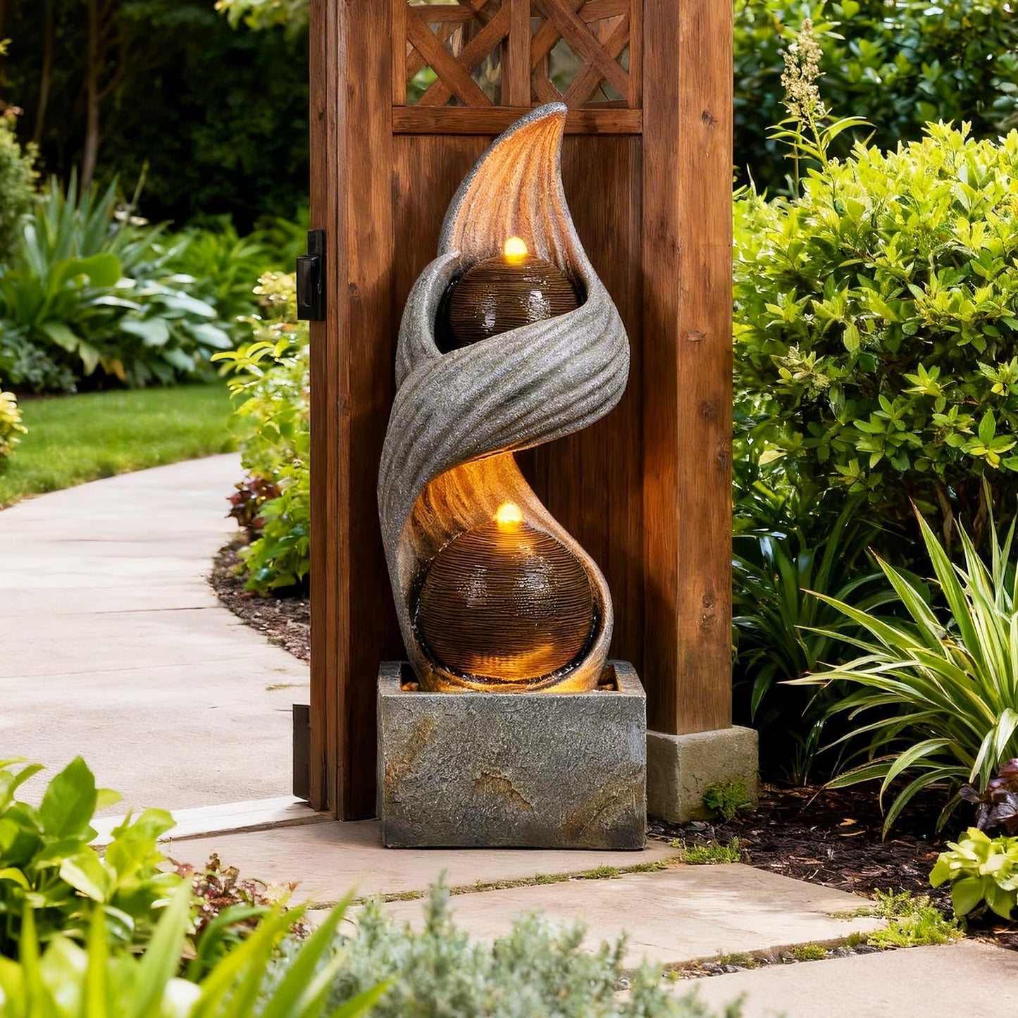 42.9"H Large Indoor Water Fountains,Modern Spiral Water Fountain Outdoor with Dual Spheres Zen Water Feature Floor Fountain with Light LED Waterfall for Outside Deck, Patio, Porch, Garden, Yard Decor