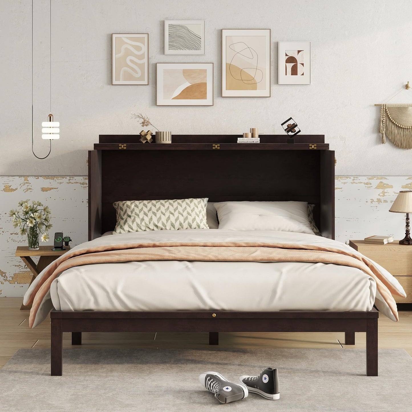 KEIKI Queen Murphy Bed w/Rattan Doors & Drawers, Space-Saving Foldable Wall Bed w/USB, Foldable Hidden Bed, Farmhouse Boho Style Guest & Living Room Bed, Espresso