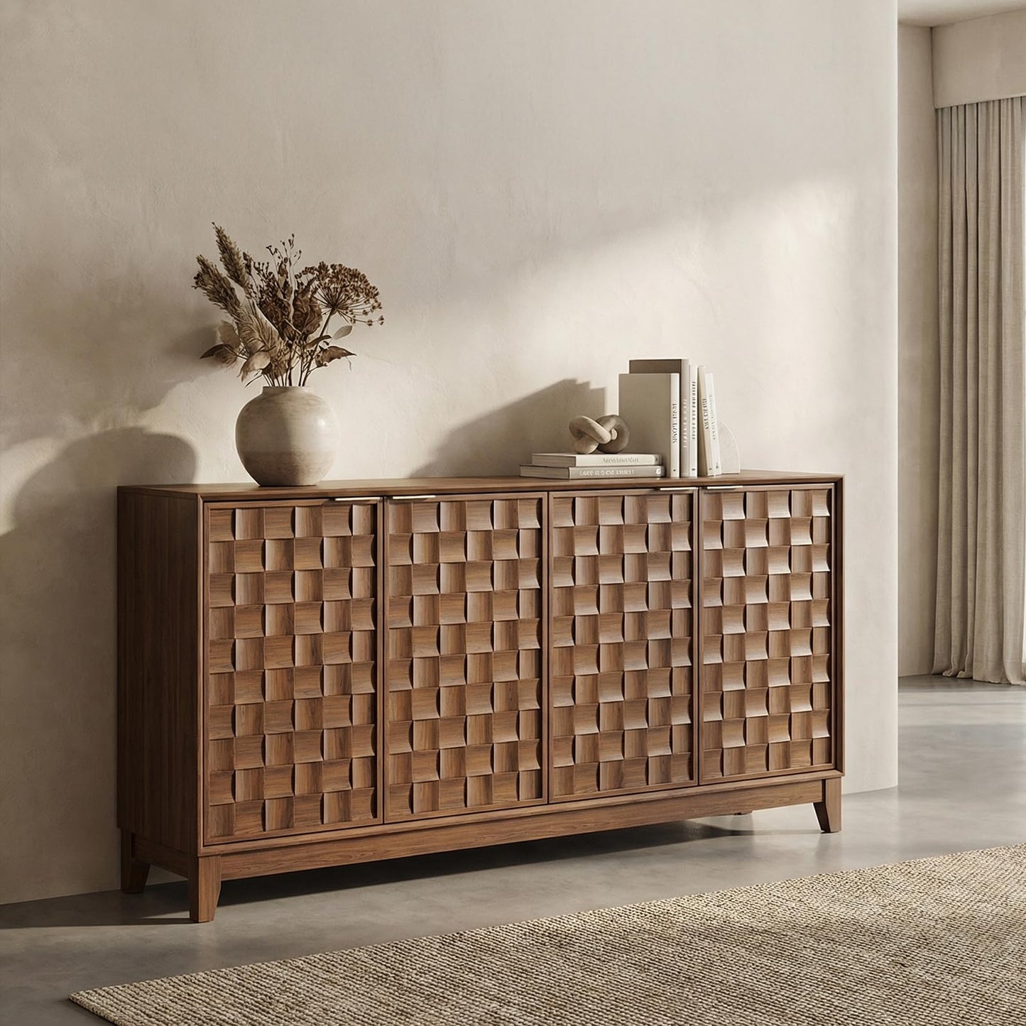 COLAMY 60" Sideboard Buffet Cabinet with Storage, Modern 3D Checkerboard Credenza with 4 Doors & Solid Wood Legs, Large Kitchen Coffee Bar Console Table for Dining Room, Living Room,Walnut Black