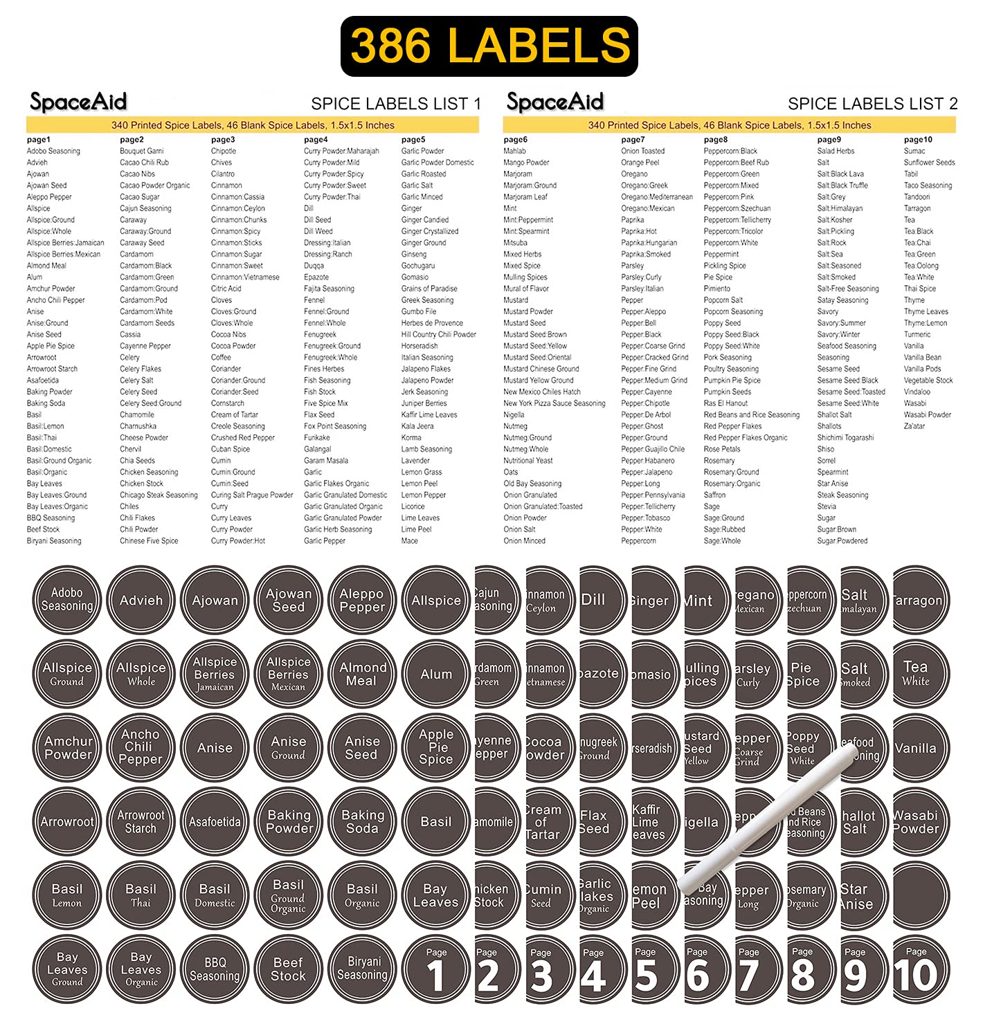 SpaceAid Spice Rack Organizer with 32 Spice Jars, 386 Spice Labels, Chalk Marker and Funnel Set for Cabinet, Countertop, Pantry, Cupboard or Door & Wall Mount - 32 Jars, 15.3" W × 10.8" H, Black