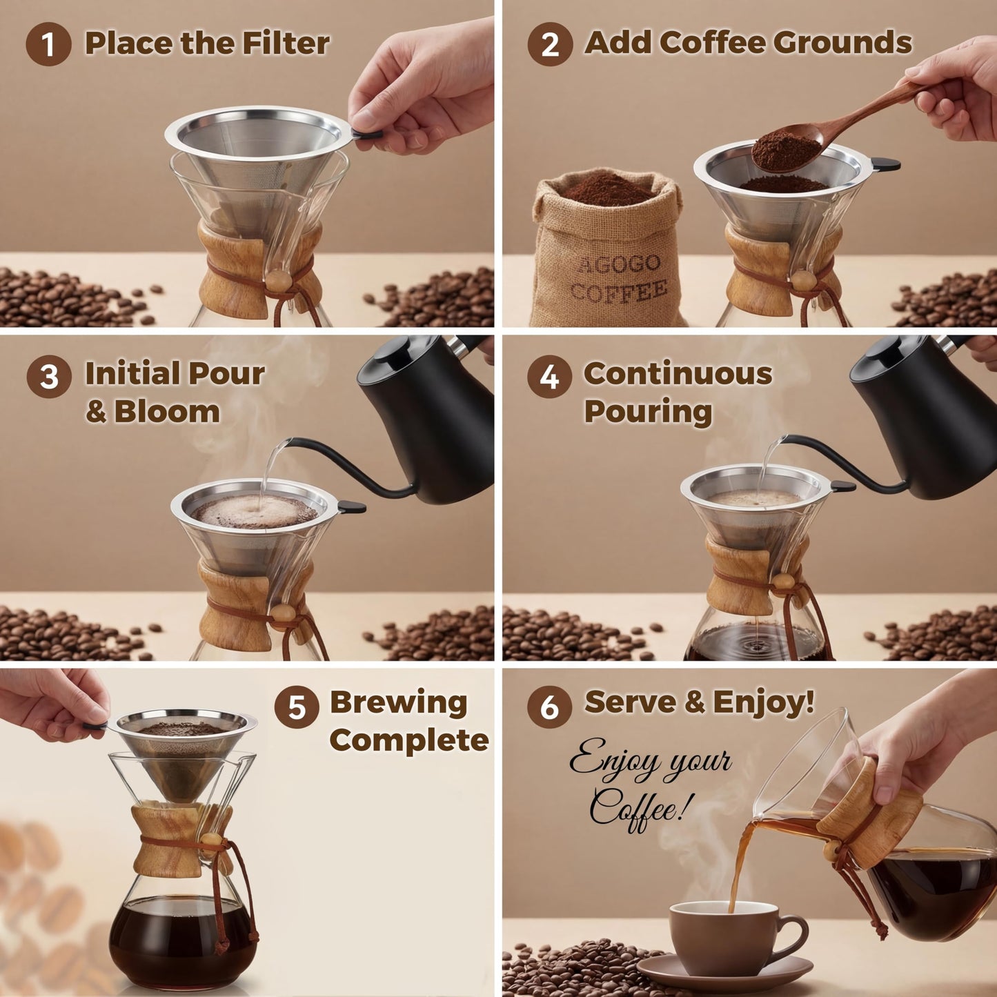 AGOGO Pour Over Coffee Maker Glass - Barista Kit with 304 Stainless Filter for Home, Office, Camping, Cafes - Easy Clean Coffee Dripper Set (Soft Towel&Brush) (34oz Classic w/SS Filter)