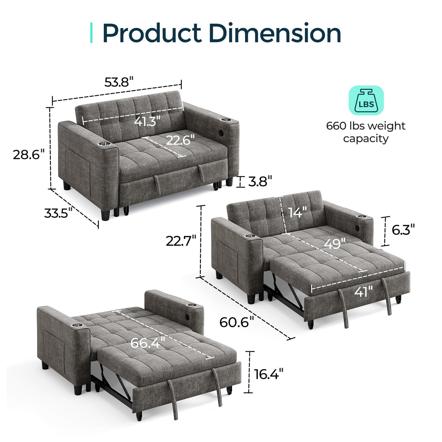 LINSY 54" Pull Out Couch with Charging Station, Small Sleeper Sofa Bed with Cup Holder, 3 in 1 Convertible Loveseat Sleeper Couch for Apartment, Dorm Room, Bedroom and Small Space, Gray