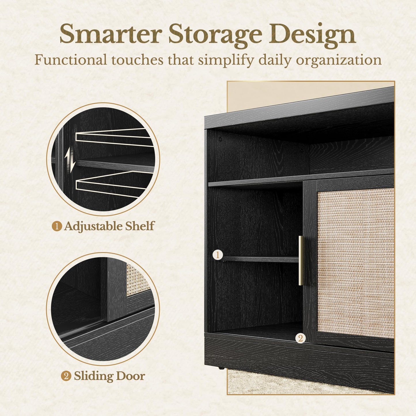 Perledesign Rattan File Cabinet with Door, 32'' Lateral File Cabinet with Open Adjustable Shelves, Wood Filing Cabinet with Sliding Door for Home Office, Black