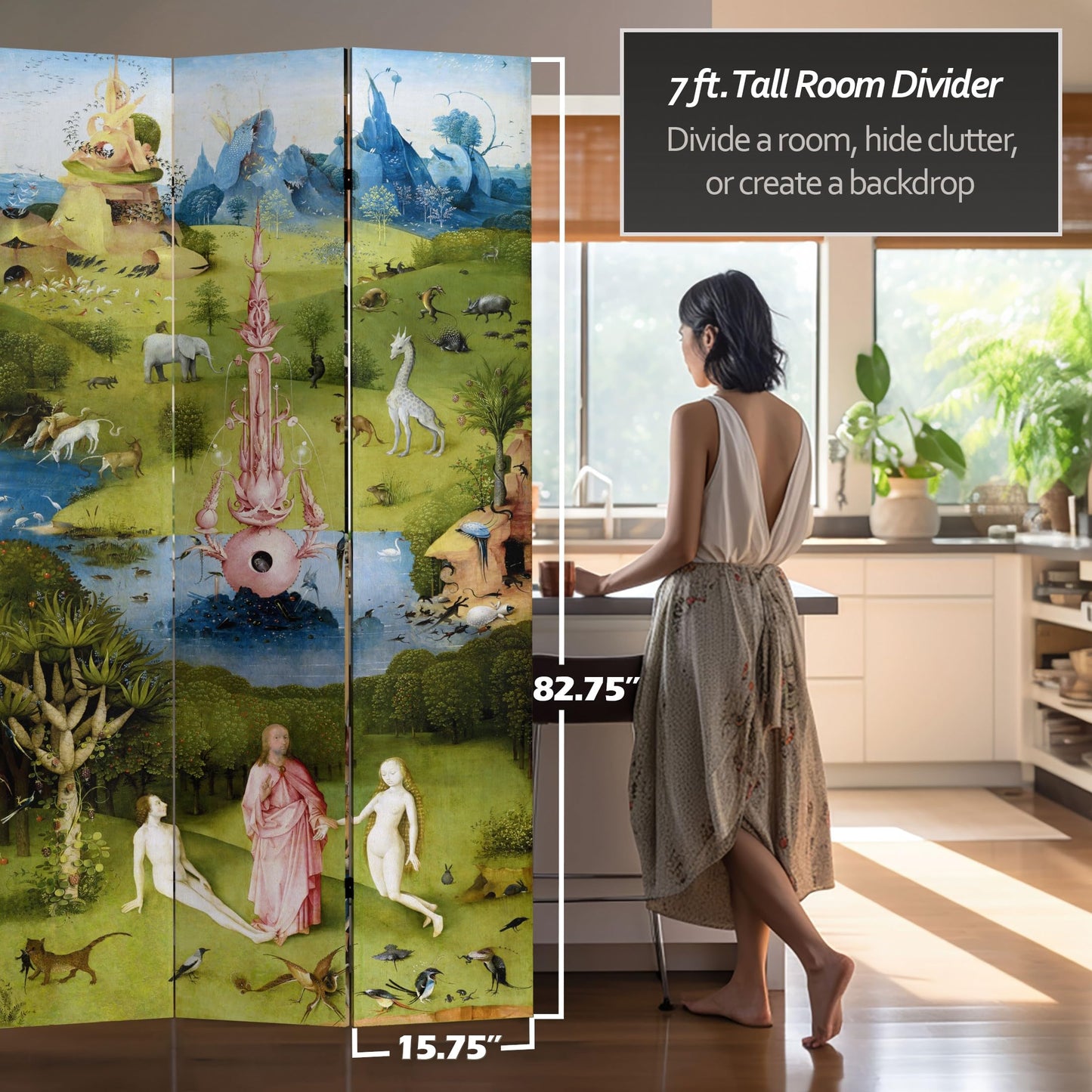 Red Lantern 7 ft. Tall Double Sided Garden of Delights Canvas Room Divider 3 Panel Freestanding Folding Privacy Screen, Partition and Separator for Modern and Contemporary Bedroom, Home Office, Studio