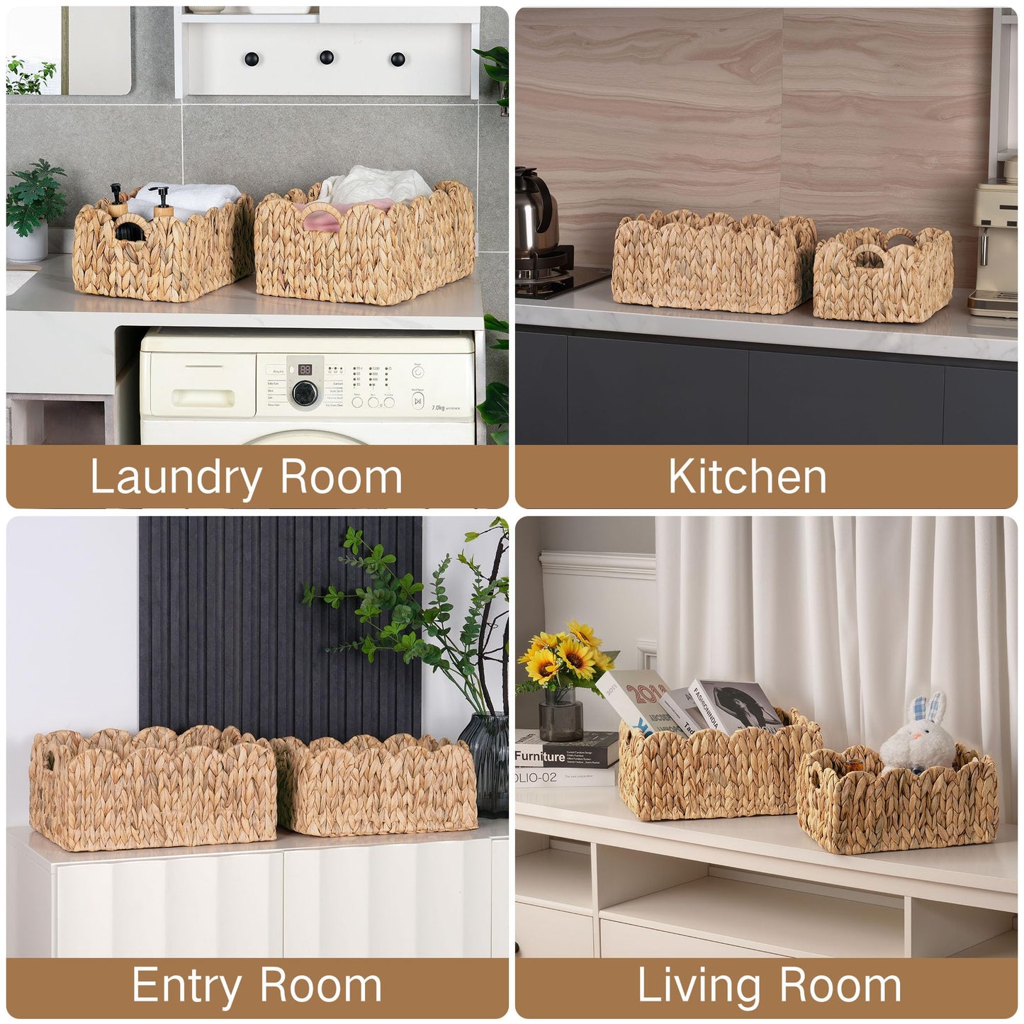 iEGrow Scalloped Wicker Basket, Set of 2 Woven Rattan Natural Water Hyacinth Baskets with Built-in Handles, Rectangle Storage Baskets for Organizing, Decor, Shelf and Nursery Room