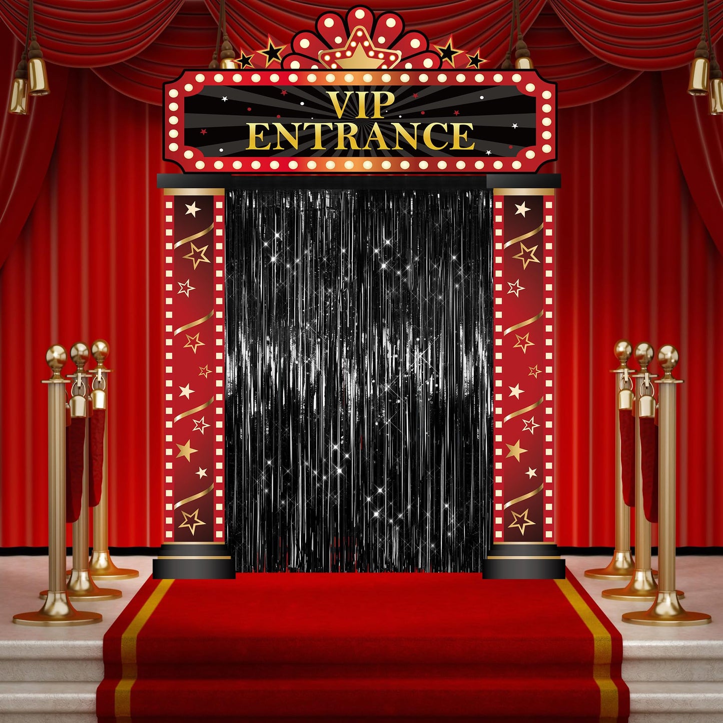 5 Pcs Casino Movie Night Porch Sign Banner with Black Foil Fringe Backdrop Casino Theme Party Decorations VIP Door Entrance Banner Red Carpet Party Decor Movie Theme Theater Birthday Party Supplies