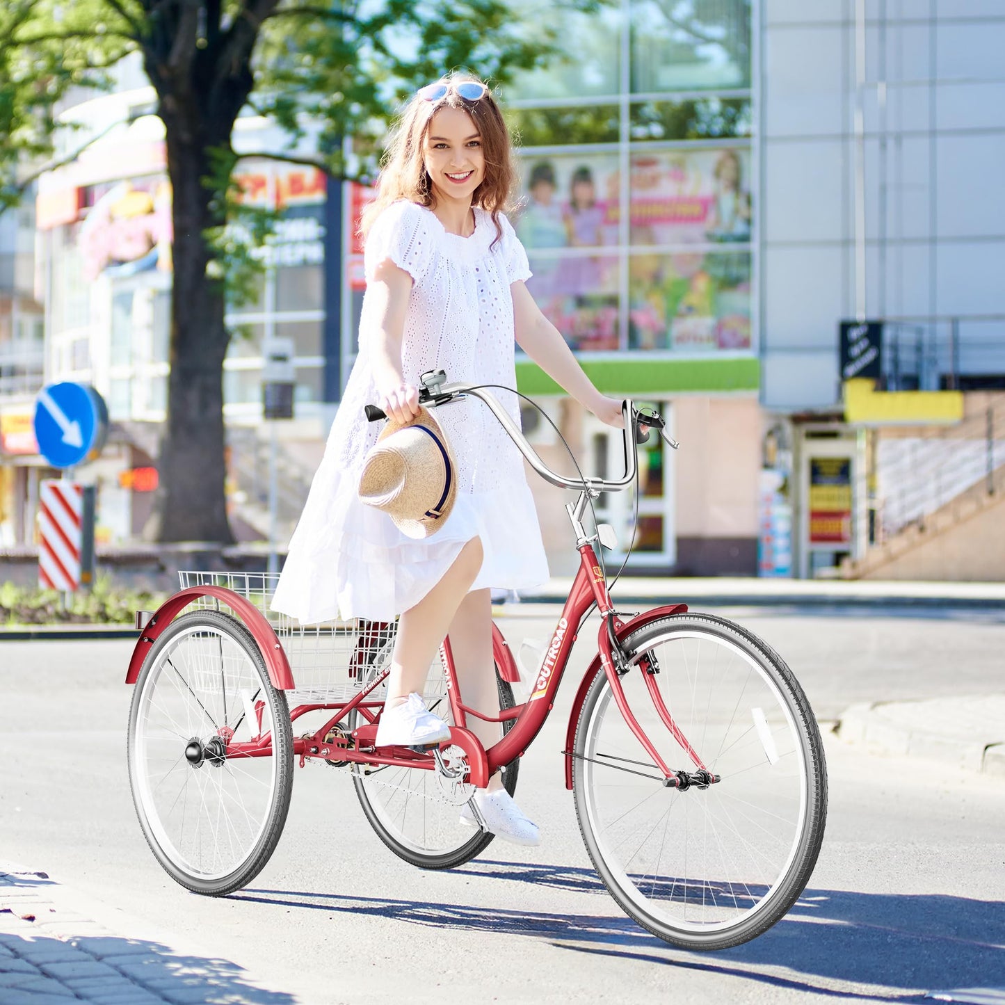 Max4out Adult Tricycle with Large Basket 24/26 Inch, Stable 3 Wheel Cruise Bicycle for Shopping, Beach and City Trike Perfect for Men, Women, Seniors(24 Red)