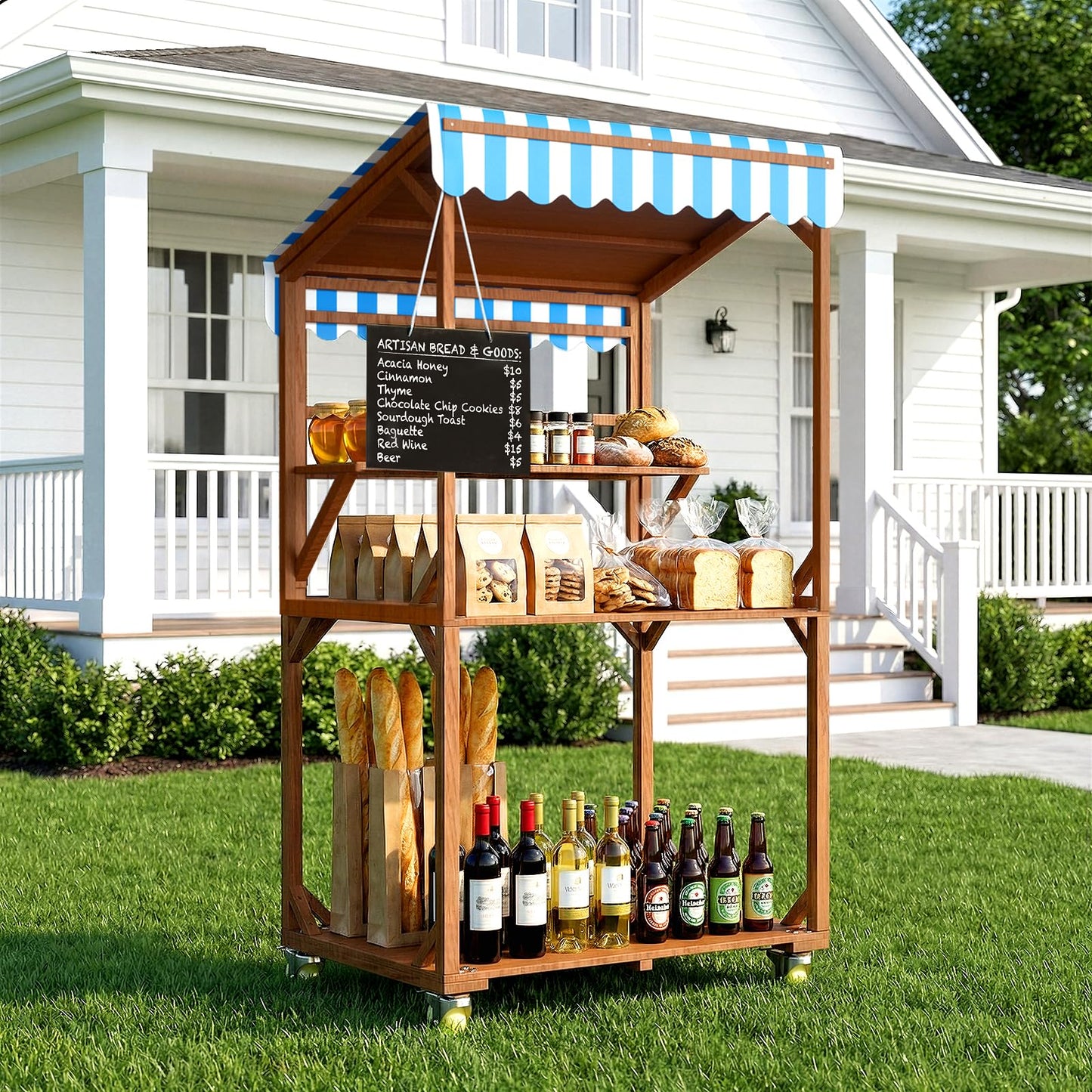 SUNRISELAND Wooden Farm Stand Cart, Solid Wood Farmers Market Stand with Wood Roof, Heavy Duty Display Table with Lockable Wheels, for Events & Small Business, Light Brown