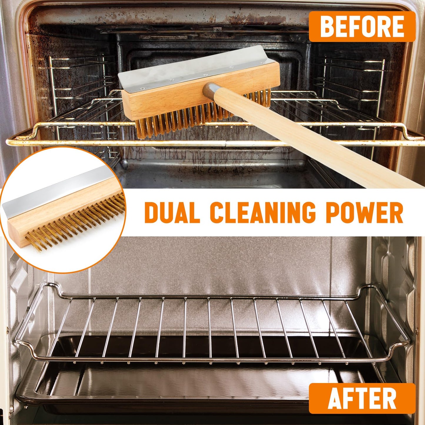 Reallnaive 2 Pack 37 Inch Wood Handle Pizza Oven Brush with Scraper Outdoor Pizza Oven Cleaning Brush Tool, Aluminum Threaded Tip, Brass Bristles with Steel Scraper
