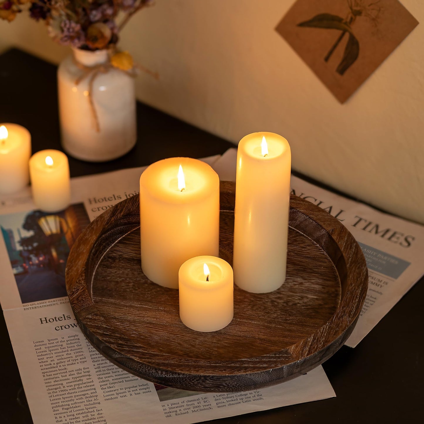 Hanobe Candle Plate Holder Tray: Round Wooden Decorative Candle Plate Small Farmhouse Table Centerpiece Rustic Wood Tealight Pillar Trays for Christmas Wedding Halloween Home Decor