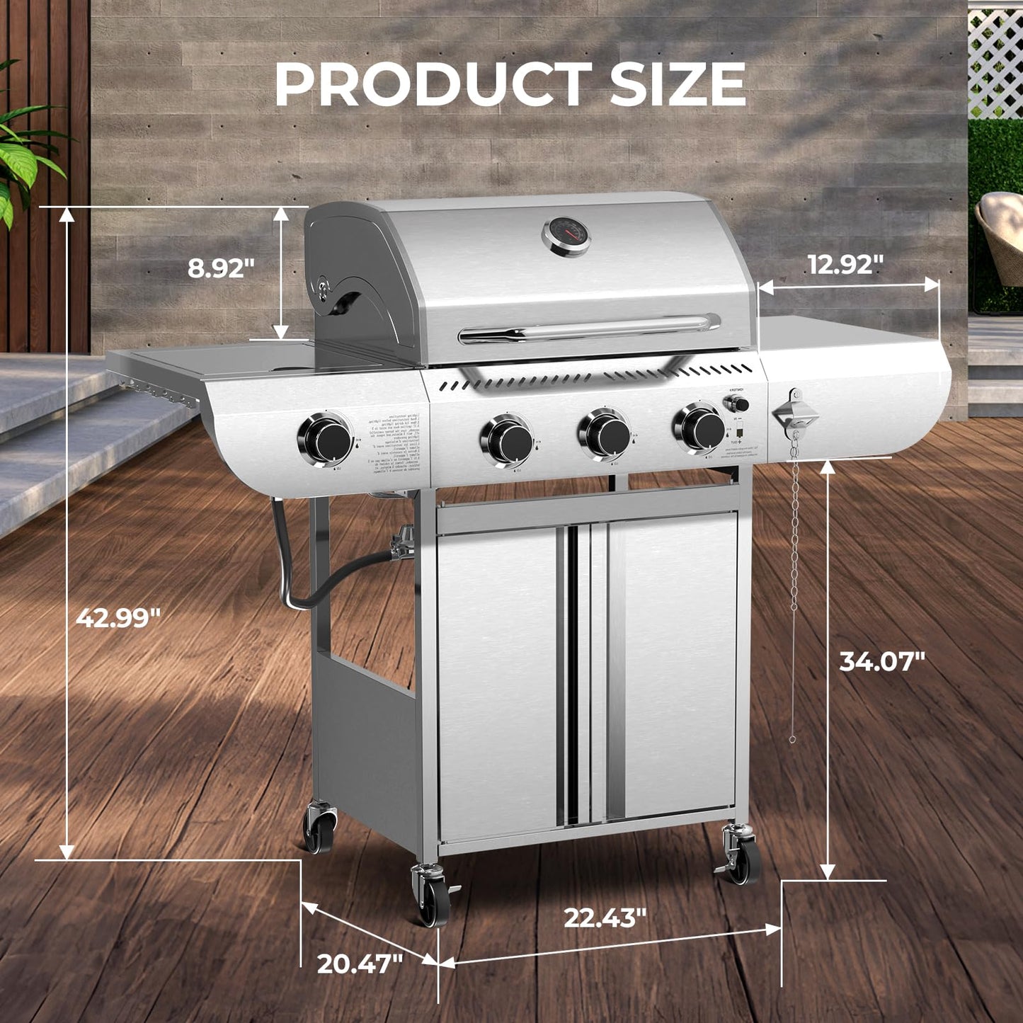 34,000 BTU 3-Burner Propane Gas Grill with Side Burner, All Stainless Steel BBQ Grill, Cast Iron Grates & Portable Cart with Wheels,Outdoor Barbecue Grill for Backyard, Patio, Camping (G31 PRO)