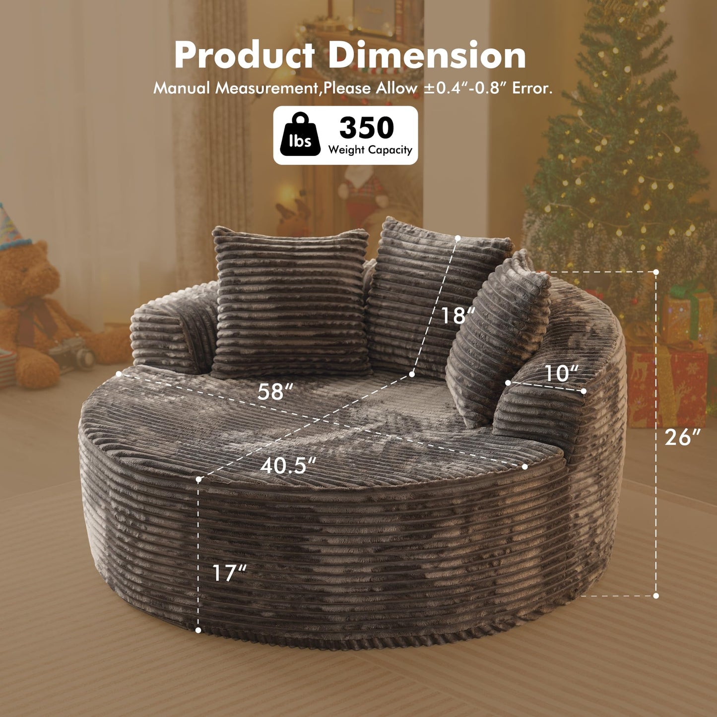 58” Oversized Upholstered Sofa Bed, Round Chaise Lounge Chair Indoor, Fluffy Plush Chaise Lounge, Modern Chenille Cloud Couch with Deep Seat, Comfy Bean Bag Chiar for Living Room Apartment