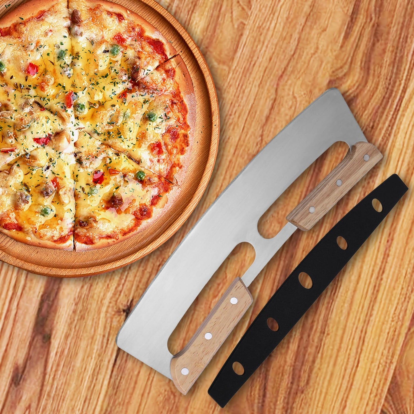 2 Pack Pizza Cutter Rocker with Wood Handles & Protective PP Cover, 14" 430 Stainless Steel Pizza Slicer Wheel, Big Pizza Knife Cutters Kitchen Tool (14 inch)