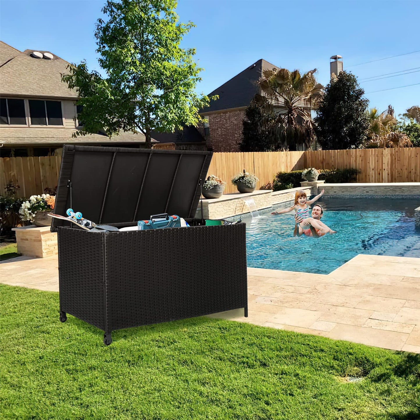 Outdoor Deck Box, Patio Waterproof Rattan Storage Box, Suitable for Furniture Cushions, Pool Equipment and Garden Tools Deck Storage Box At Deck Porch Back Yard Garden Swimming Pool