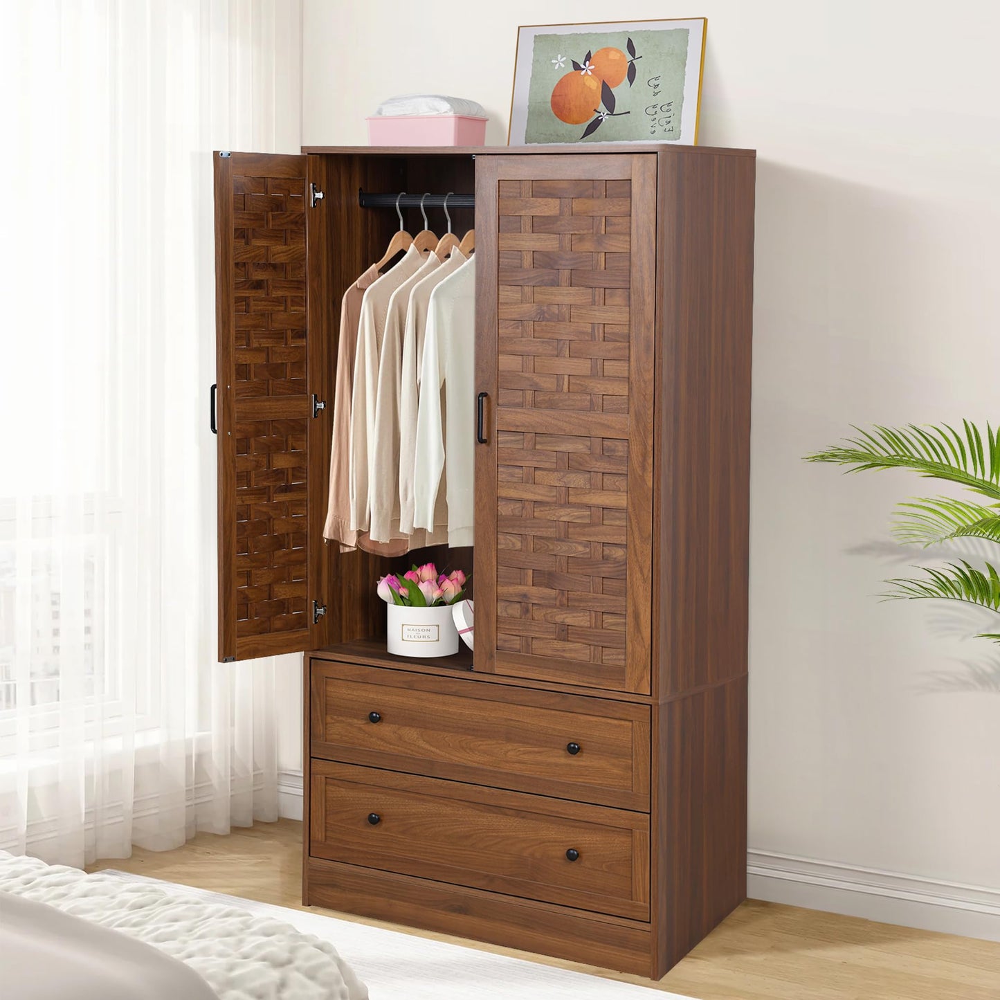 LEVNARY Armoire Wardrobe Closet with 2 Woven Doors, Wardrobe Cabinet with Storage Drawers and Hanging Rail, Freestanding Closets for Bedroom (Walnut)
