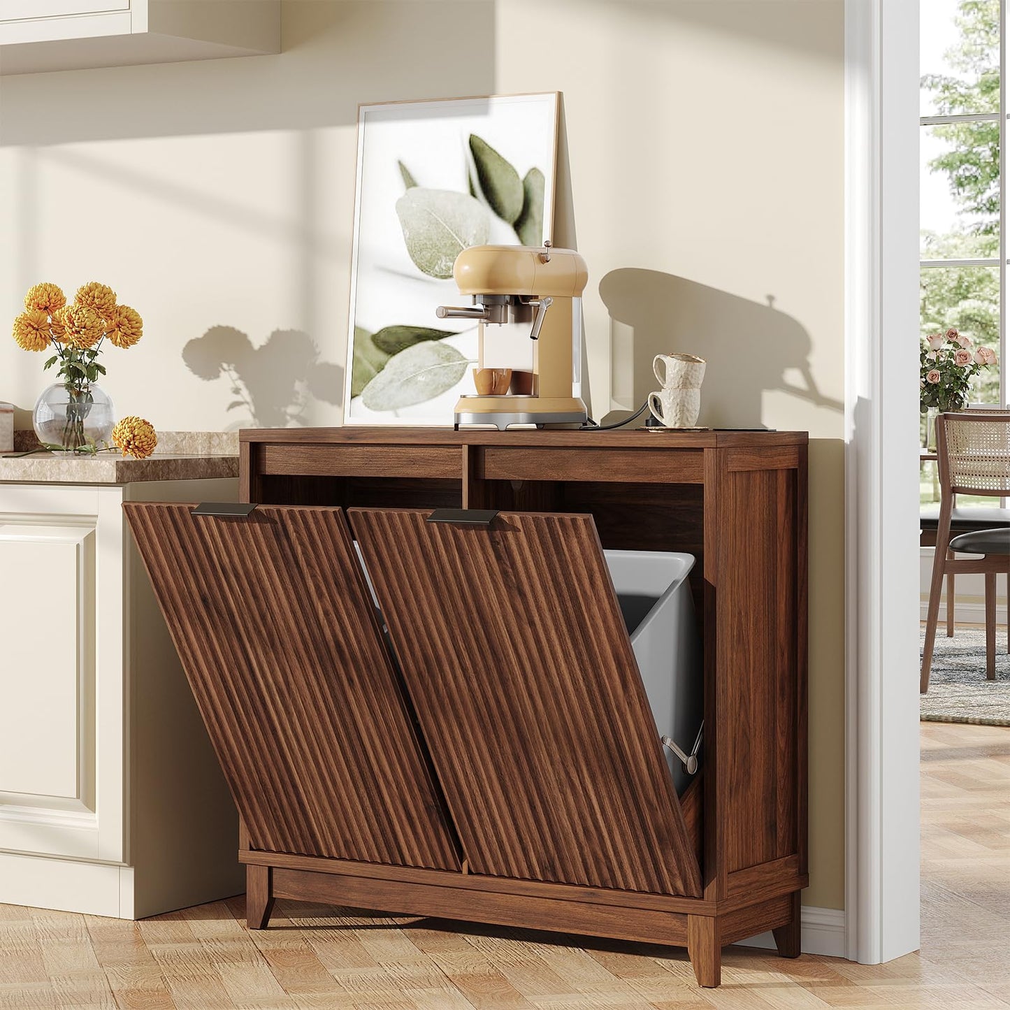 Double Tilt Out Trash Can Cabinet with Odor Control, Outlets, Fluted Trash Cabinet 13 Gallon Hidden Bin Storage, Modern Kitchen Cabinet with Soft-Close Door, Laundry Hamper Cabinet for Bathroom