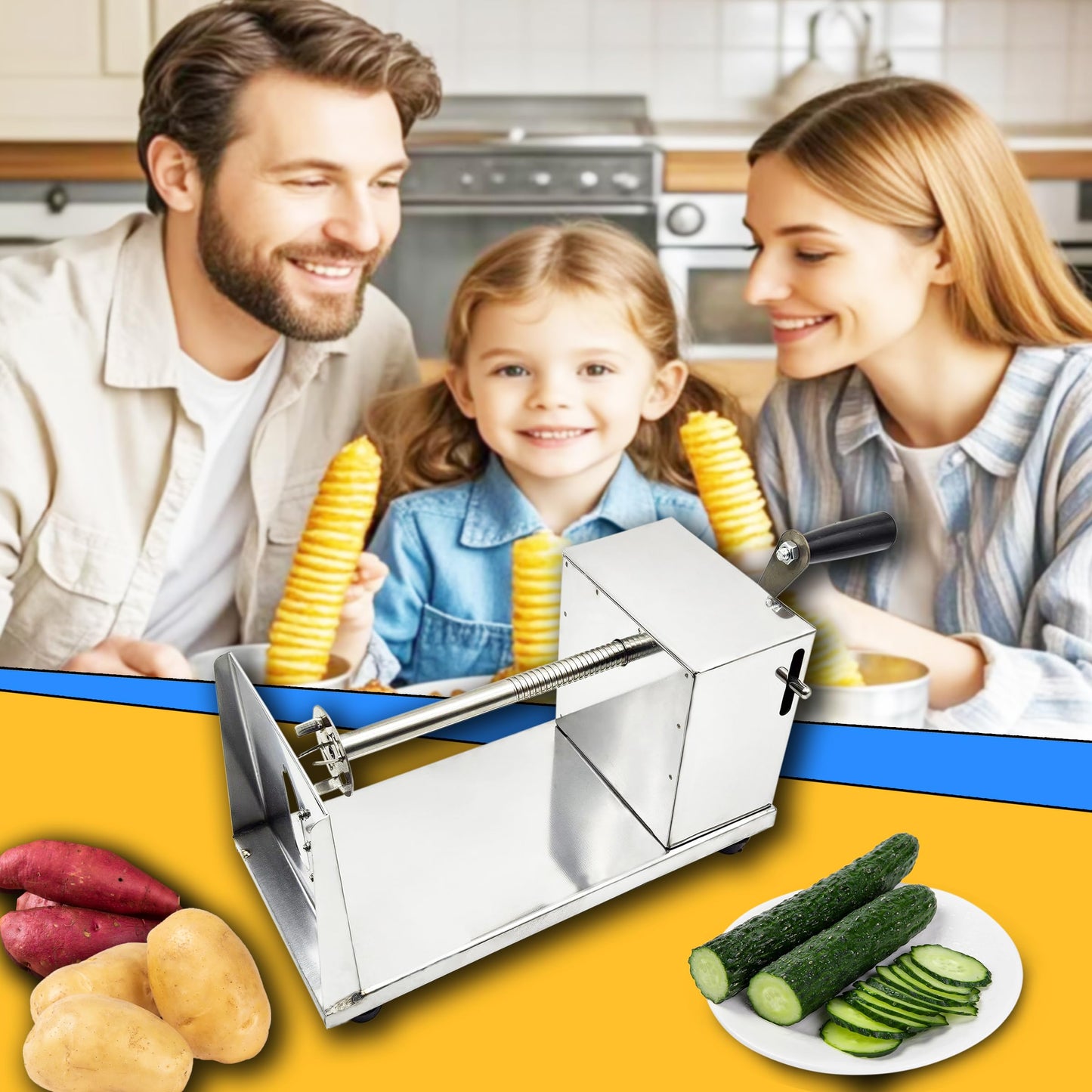 Tornado Potato Spiral Cutter Stainless Steel Spud Twisted Potato Chips Slicer French Fry Graters Cortador de Papas en Espiral Tornado for Potatoes Carrots Cucumbers Vegetable