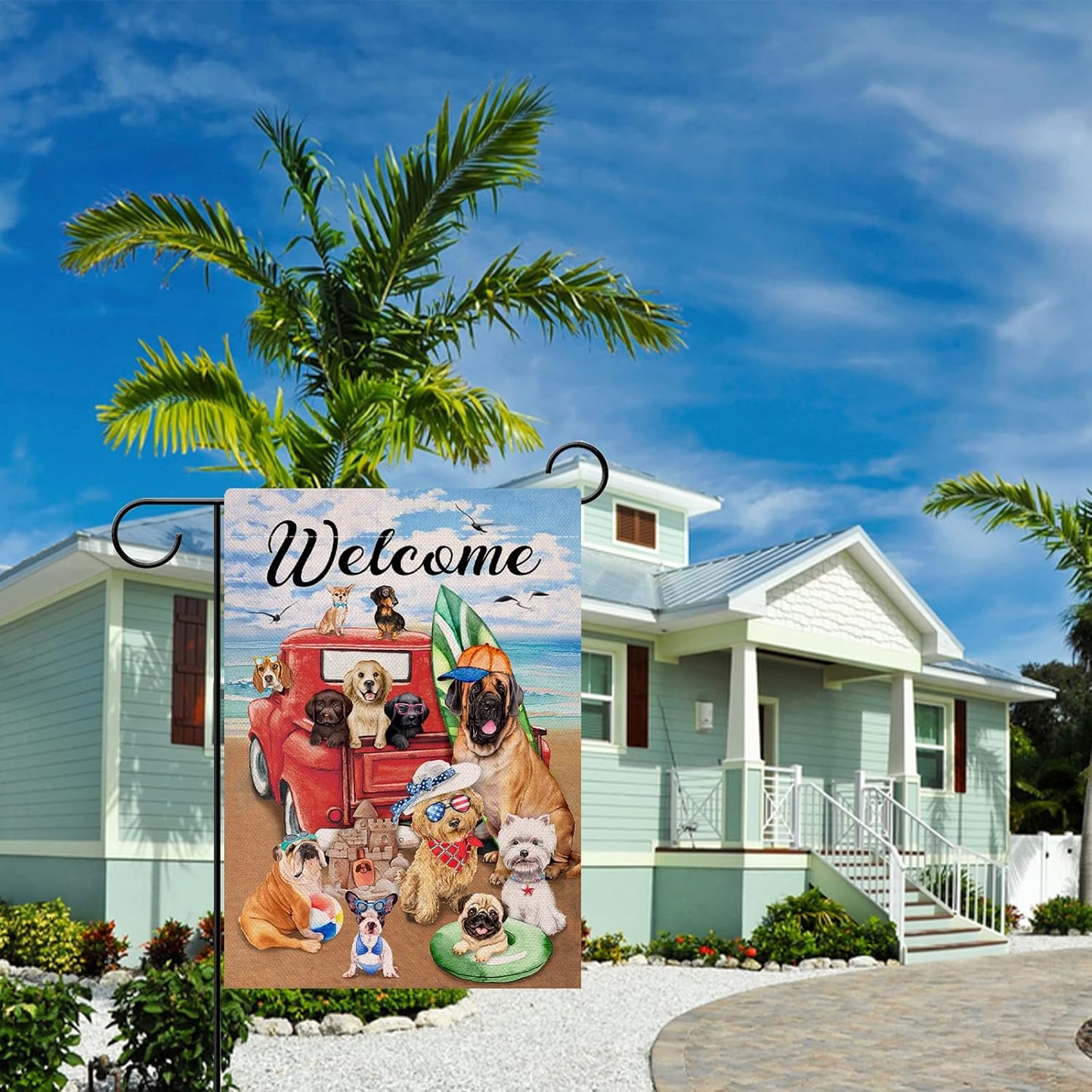 Welcome Summer Dogs Red Truck Beach Garden Flag, Double Sided, Ocean Coastal Nautical Decorative Yard Decor