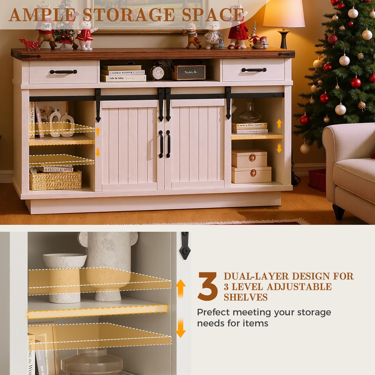 Jocoevol 58" Farmhouse Electric Fireplace TV Stand for TVs up to 65", Entertainment Center with 2 Large Storage Drawers, Sliding Barn Doors, Adjustable Shelves, TV Console for Living Room - White