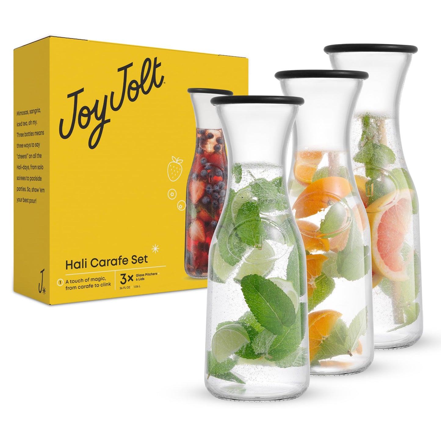JoyJolt Glass Carafe with Lid, Set of 3 – 1 Liter Glass Pitcher for Mimosa Bar, Water, Iced Tea, Juice, Wine, Lemonade, Milk – Dishwasher Safe Beverage Drink Dispensers for Brunch, Parties