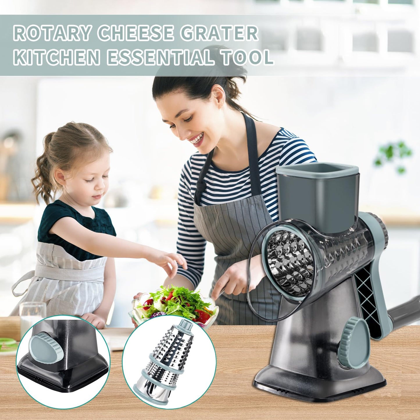 Eleko Meyar Cheese Grater with Handle, Multifunctional Manual Rotary Cheese Grater - Cheese Shredder Easily Chop Carrots, Potatoes, Vegetables and Fruits and Easy to Clean(blue)