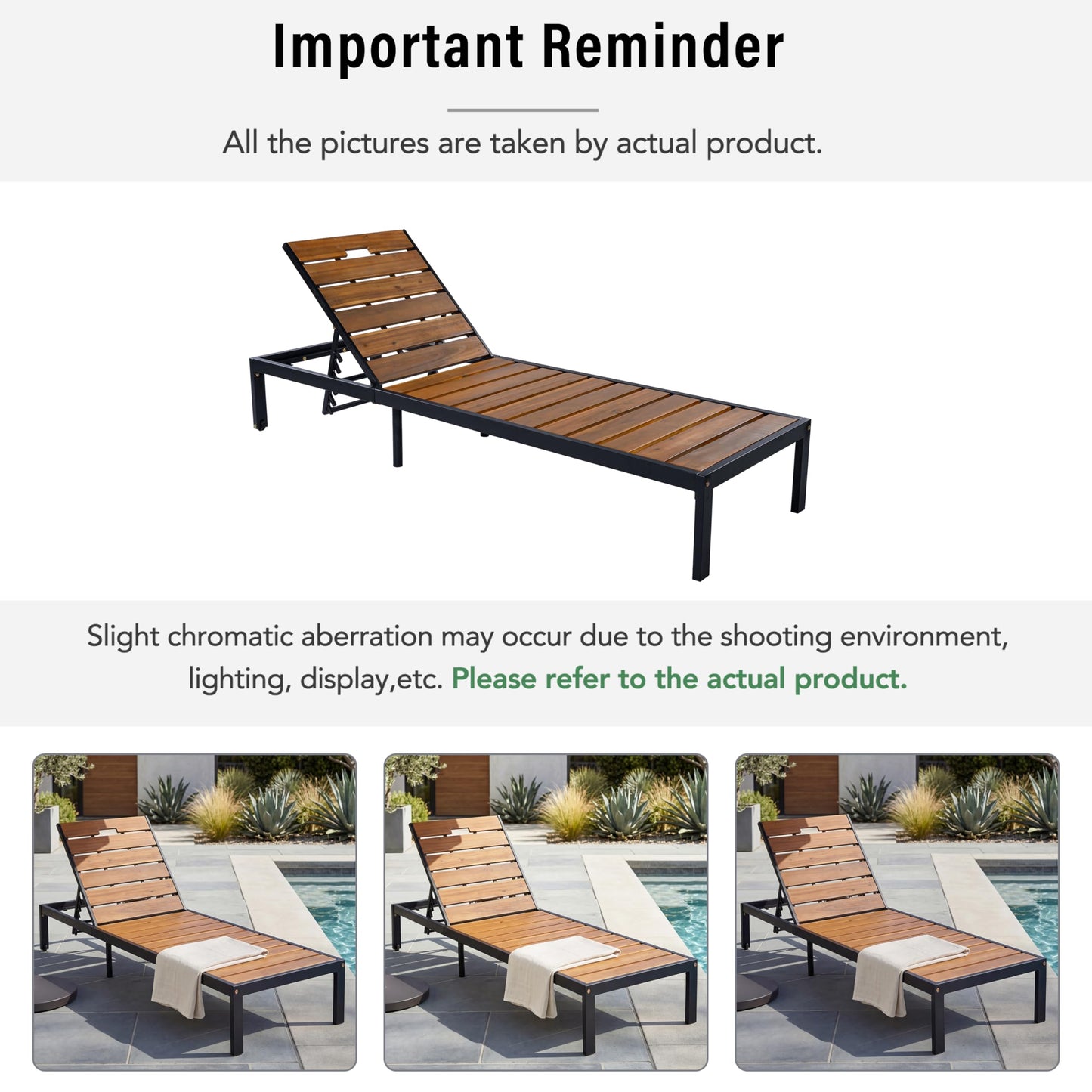 ApilithHive Outdoor Chaise Lounge with 6-Position Adjustable Backrest, Acacia Wood and Steel Frame, 78.7", 400 lbs Capacity, Black+Natural