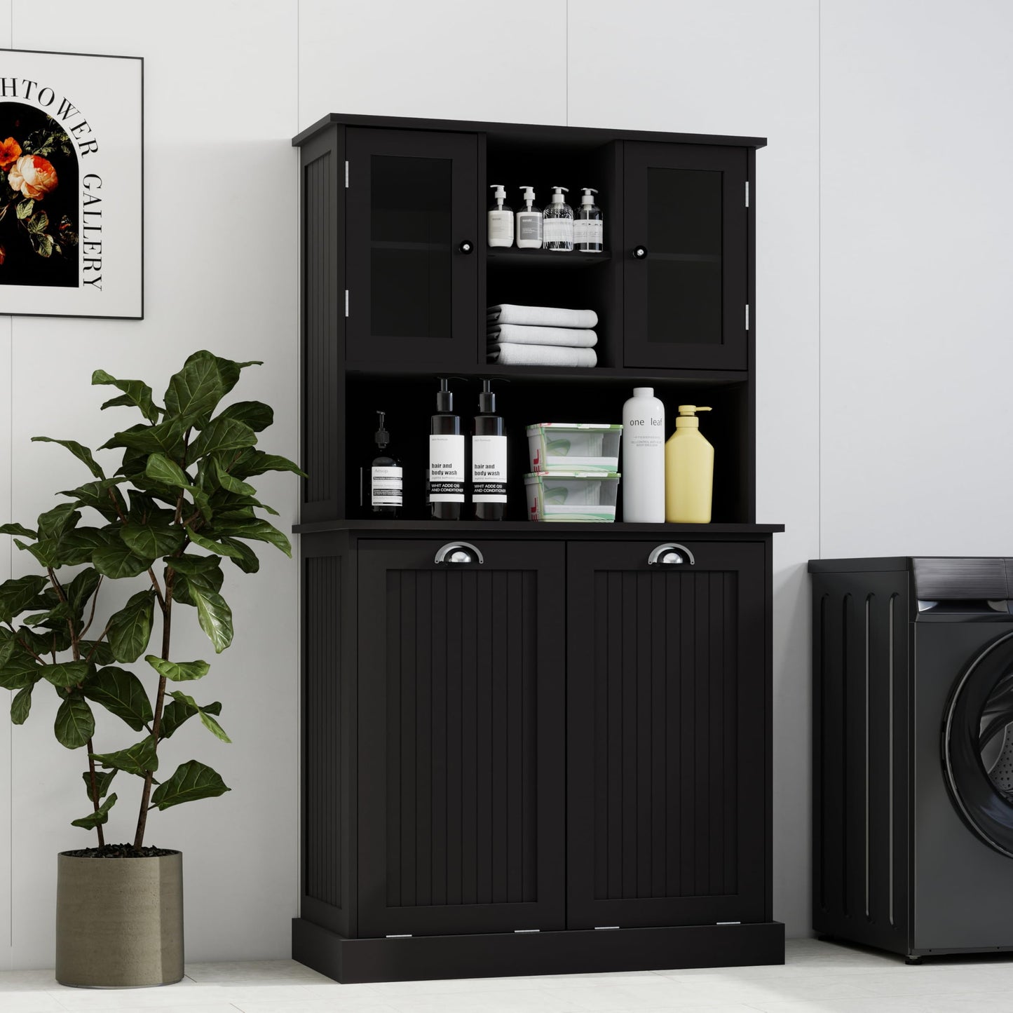 Sang Seiyoga Tilt Out Laundry Hamper Cabinet, Double Compartment Sorter Tall Organizer with 2 Adjustable Shelves & Top Shelf, Space Efficient for Bathroom/Dorm, Easy Clean Interior Black