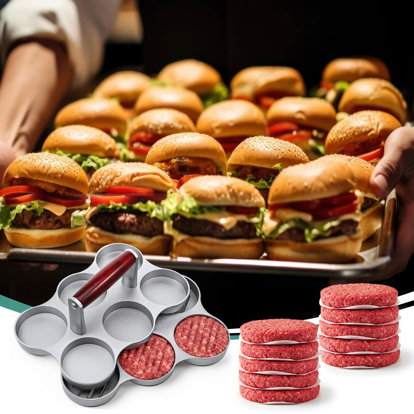 AOZUO Mini Burger Press Small Meat Patty Maker with 300 Patty Papers and 6 Round Shape Press Patty Maker for Mini Hamburger, Barbecue, Picnic, Camping, Six 2.64-inch Slots, 6 Pieces at Once