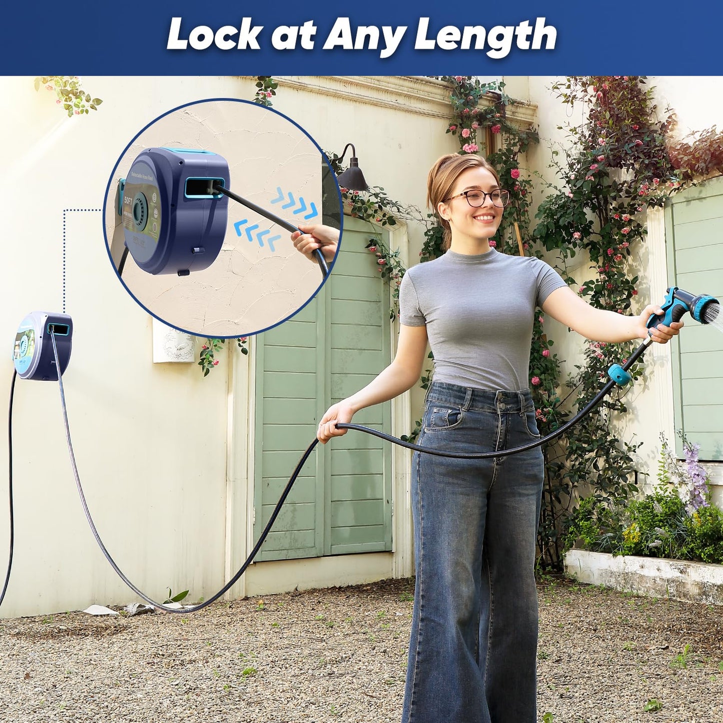 Tuzoc Retractable Garden Hose, Heavy Duty Wall-Mounted Hose Reel with 180° Swivel Bracket, Automatic Slow Return System with 10 Function Nozzle, Any Length Lock for outside Watering,Cleaning(50ft)