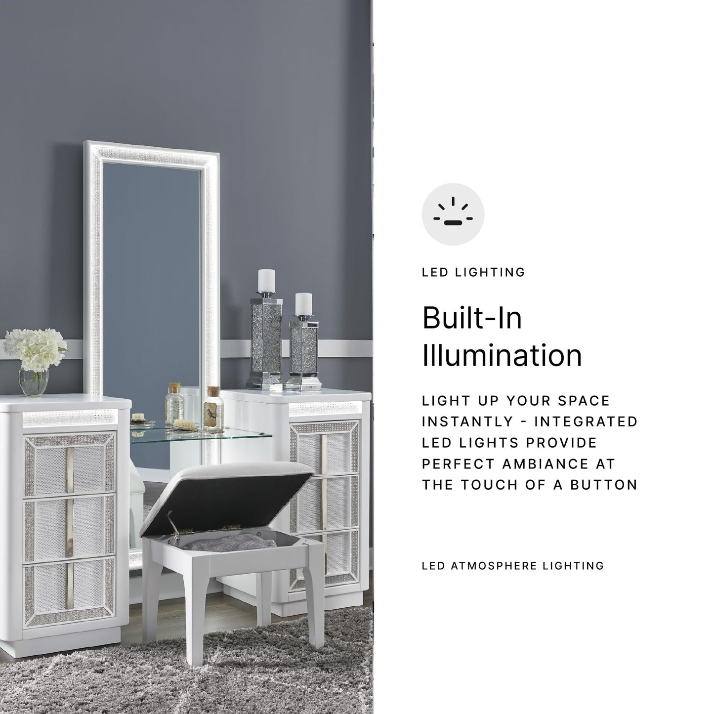 Signature Design by Ashley Chalanna Contemporary 3-Drawer Vanity, White & Clear