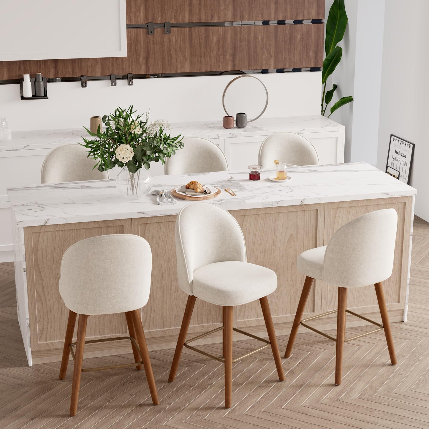 Daluvenix Modern Swivel Bar Stools Set of 3, Chic Upholstered Counter Height(26IN) Bar Chair with Back, Solid Wood Legs and Footrest, Comfortable Chenille Bar Stool for Kitchen Island, Cream White