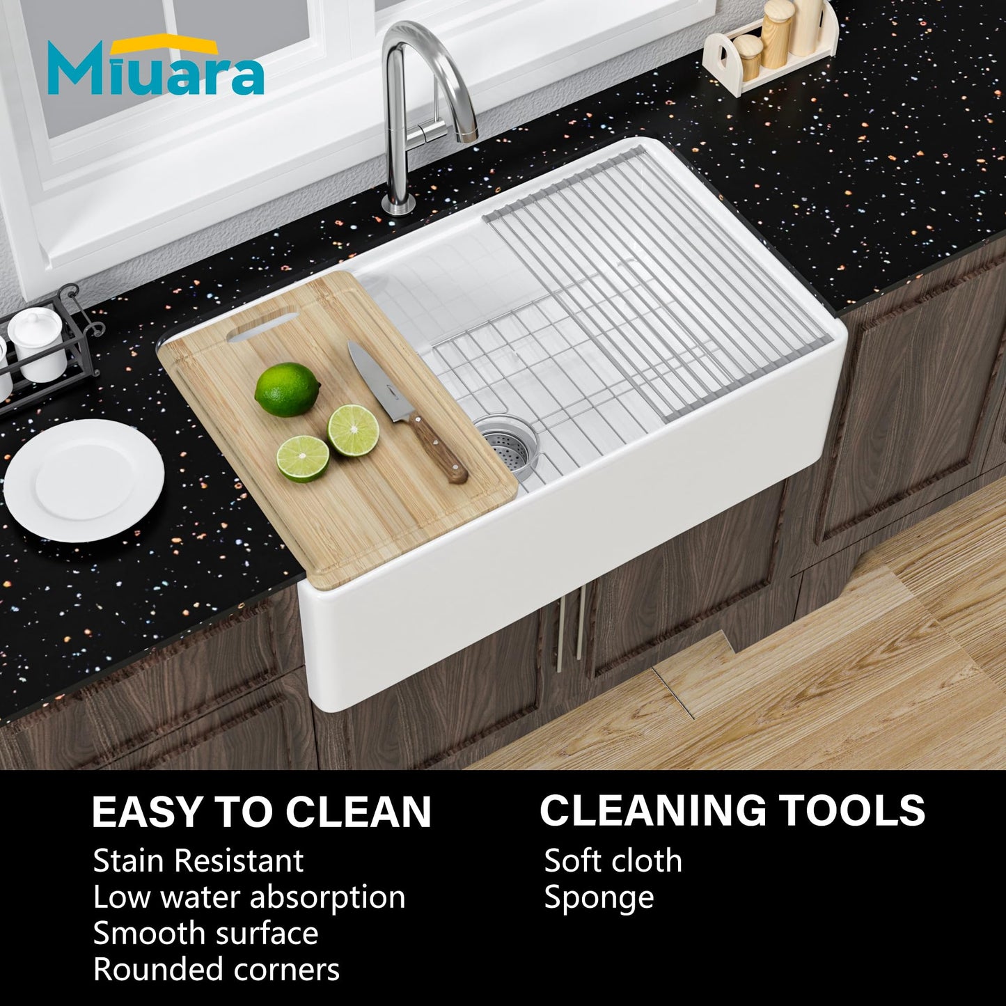 Miuara White Farmhouse Workstation Sink 31 Inch - Fireclay Apron Front Kitchen Sink Reversible 31"x18"x10", Farm House Style, Heavy Duty Deep Single Bowl, Undermount Installation, for Kitchen