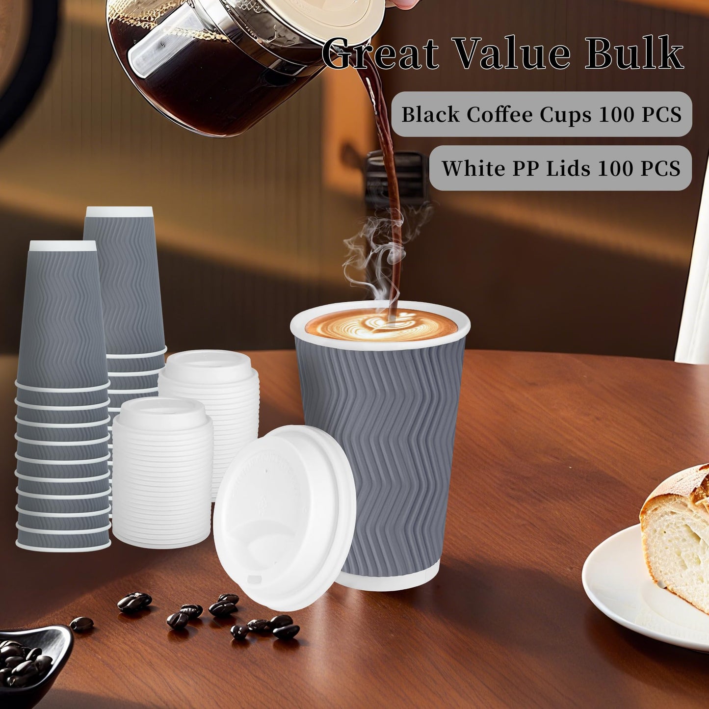 LEAGIM 100 Set - 16 oz Coffee Cups with Lids, Disposable Insulated Corrugated Paper Cups, Double Wall Ripple To Go Cups for Hot Drinks, Chocolate, Cocoa (Grey)