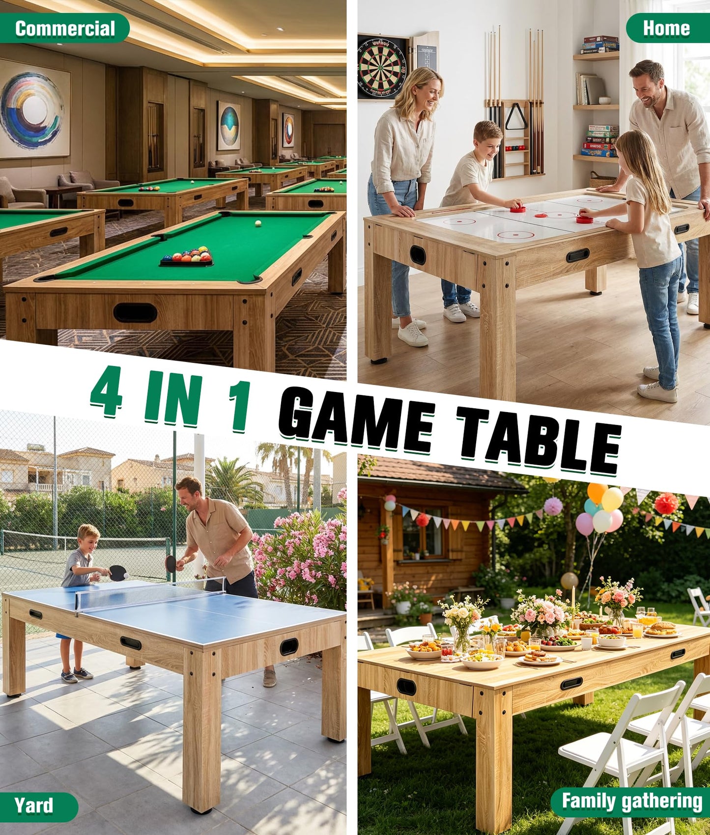 7FT 4-in-1 Multi Game Table with Pool Table Air Hockey Ping Pong, Convertible Pool Dining Table & Desktop with Locked Wheels, Complete Accessories Table Combo for Home, Game Room and Family Daily Use