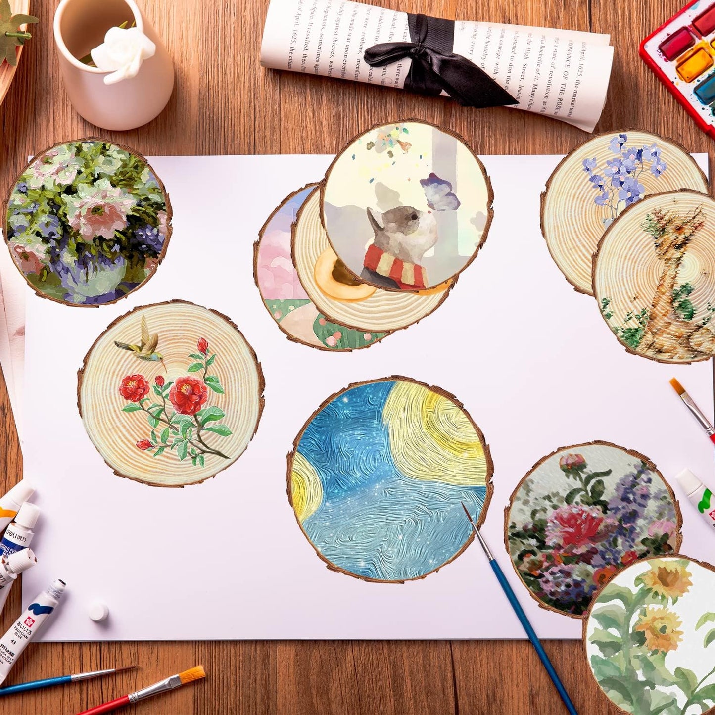 FSWCCK 17 PCS Unfinished Wood Slices for Centerpieces - 5.1-5.5 Inch,Round Natural Discs with Tree Bark, Wooden Cookies Circles for Crafts Christmas Ornaments, Rustic Wedding Decor,Table Decoration