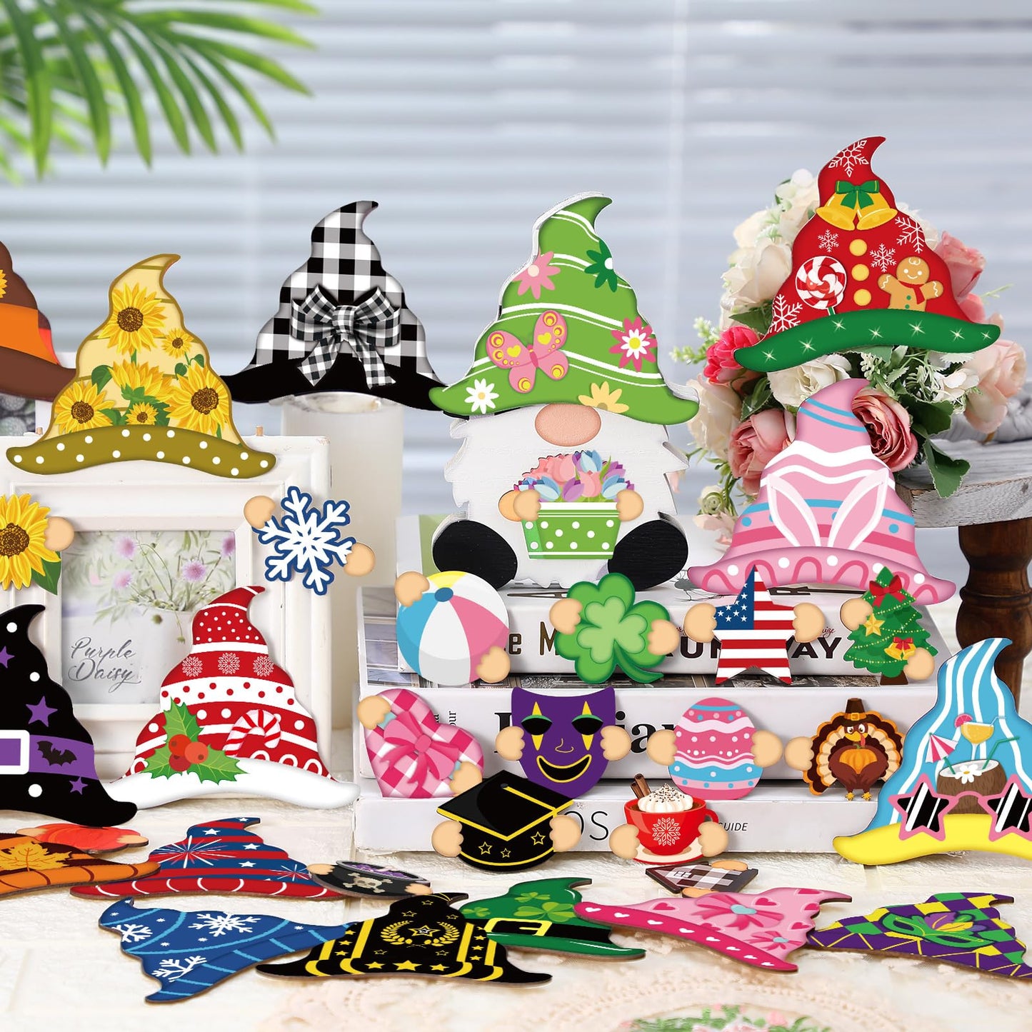 Qunclay 33 Pcs Interchangeable Wooden Gnome Decor Summer 4th of July Patriotic Tiered Tray Decor Set with Magnet and Detachable Hats Holiday Table Centerpieces for Home(Stylish)