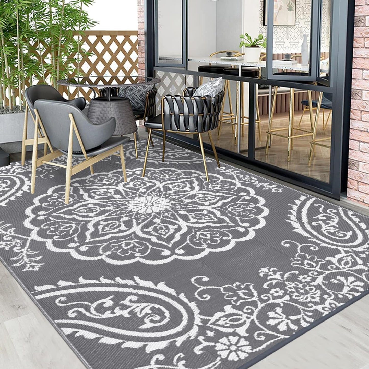Pauwer Waterproof Outdoor Rug 10x14, Reversible Plastic Straw Patio Camping Rug, Indoor Outdoor RV Mat Carpet for Deck, Camper, Porch, Balcony, Backyard, Picnic, Boho Grey