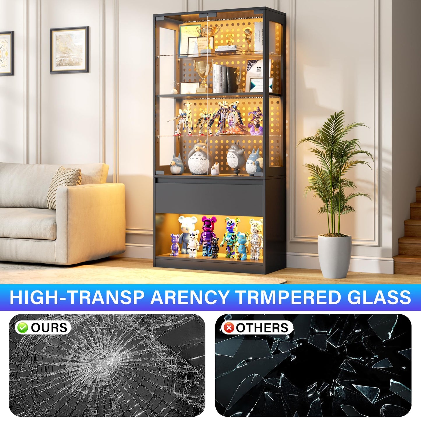kepptory 5-Tier Glass Display Cabinet with Drawer and Glass Doors, Curio Cabinet with Pegboard and Adjustable Shelves, LED Display Case for Collectibles Gaming Liquor(31.5" W)