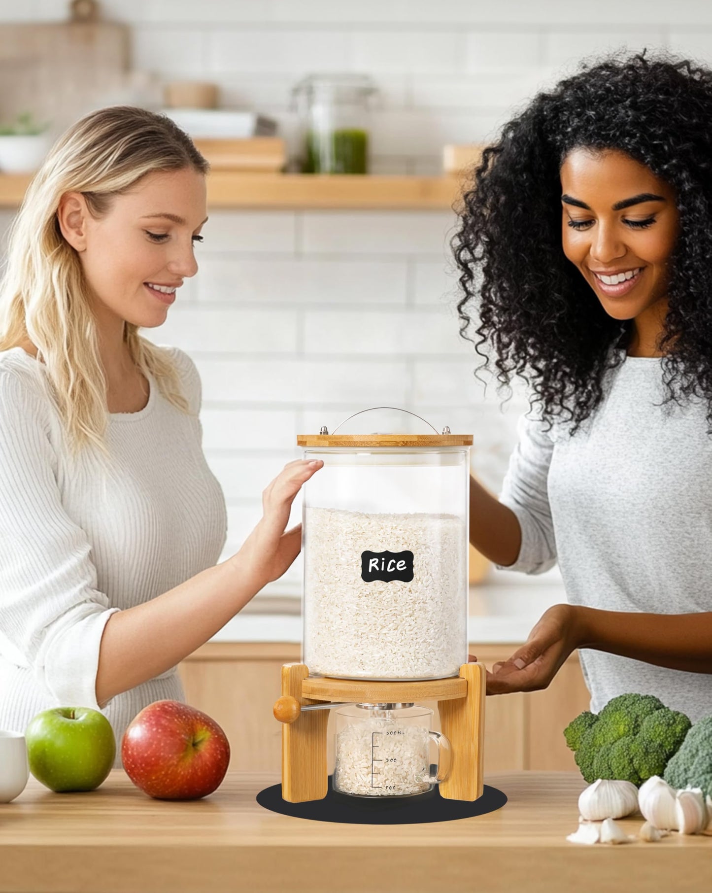 Famyards 5-7 lbs Glass Rice Dispenser with Wooden Stand Flour and Cereal Container with Glass Measuring Cup & Labels & Slider mat Pantry Food Organization Storage Bin with Airtight Bamboo Lid, 3L