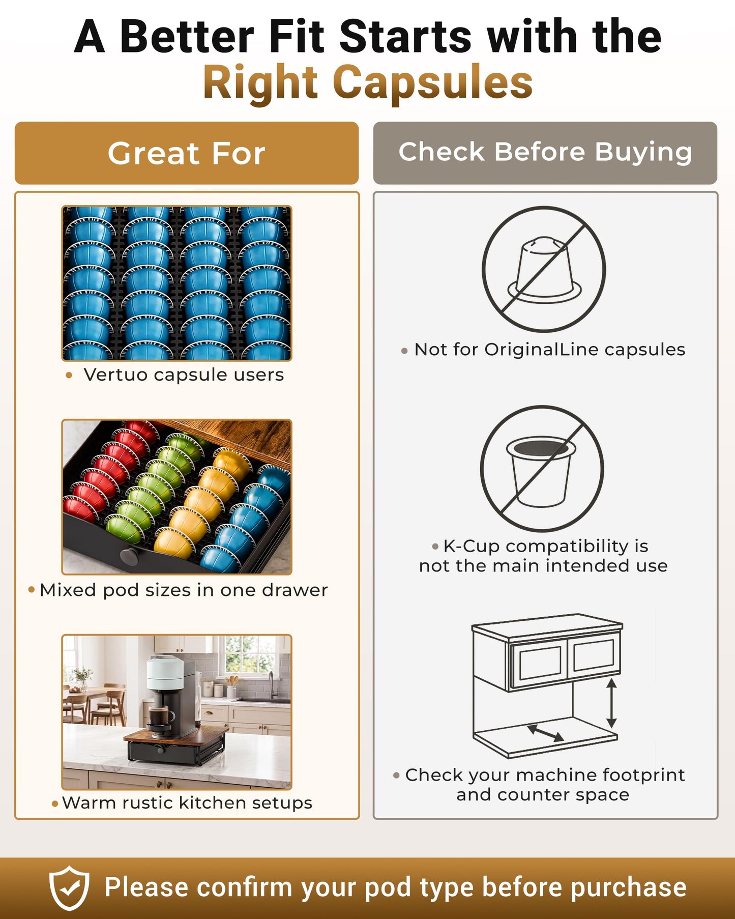 EVERIE Coffee Pod Holder Drawer, Compatible with Nespresso Vertuo Capsules, Holds 40 Large or 52 Small Pods, Flexible Slots for 4 Capsule Sizes, Rustic Brown Countertop Organizer, 15.6" Dx13 Wx3.7 H