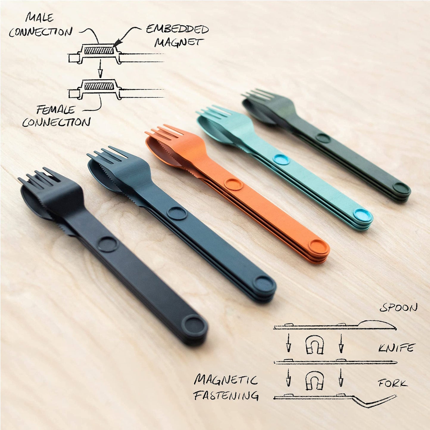 FULL WINDSOR - MAGWARE Magnetic Camping Cutlery Set - Travel Utensils for Camping, Cooking, and Outdoor Dining - Knife, Fork & Spoon - Portable Silverware with Pouch - Green (3 PCS)