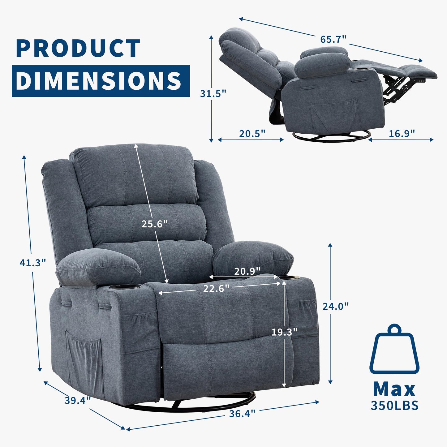 Rocking Recliner Chair for Adults Wide 360° Swivel Rocker Recliner with Cup Holder Nursery Glider with Upholstered Deep Seat Linen Lazy boy Chair for Living Room Blue