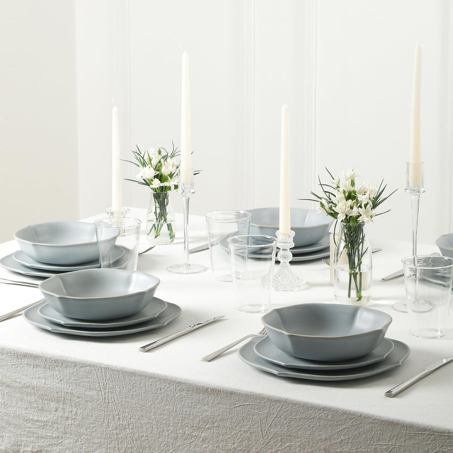 Stone Lain Baskerville 32-Piece Dinnerware Set Stoneware, Borosilicate Glass, Light Blue