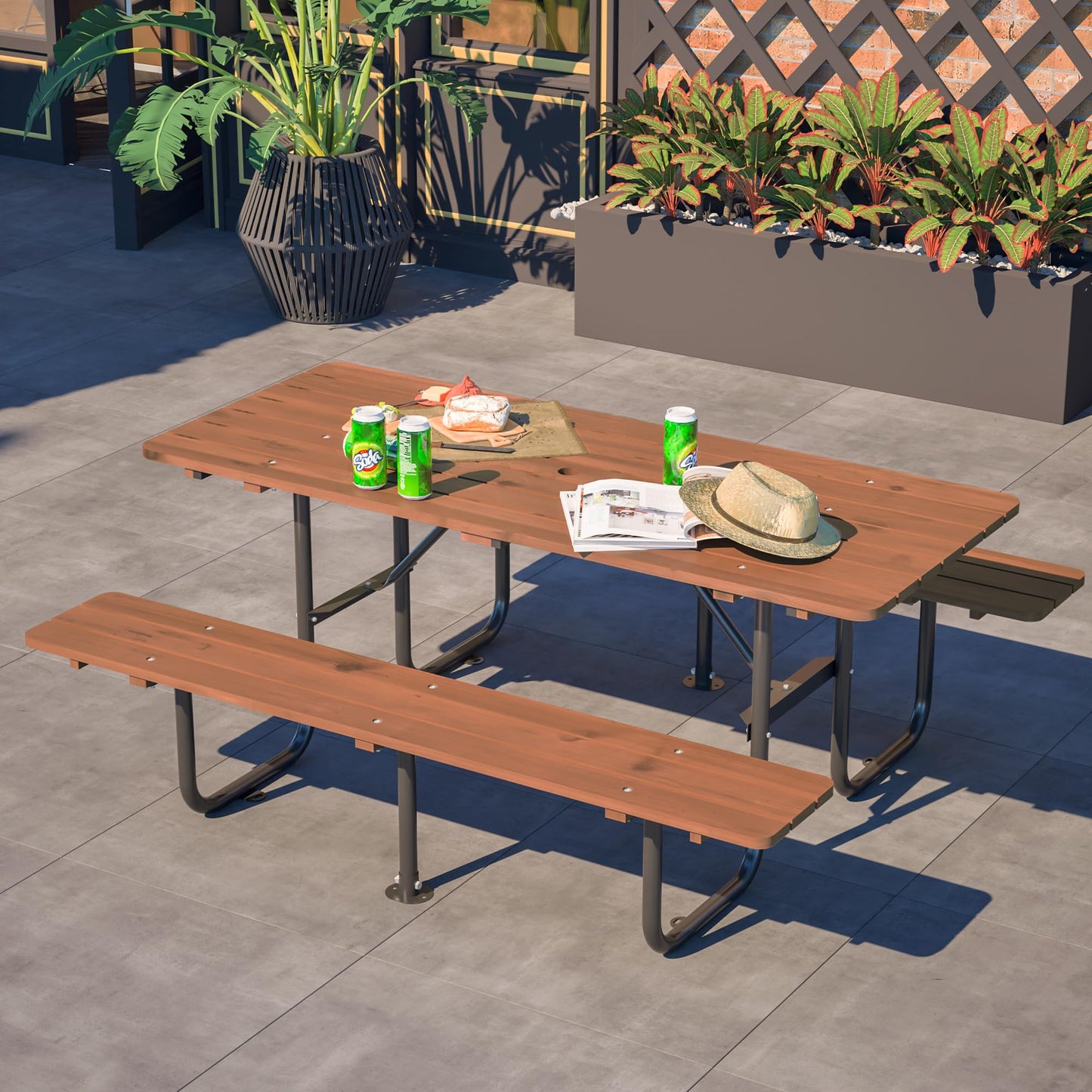 72" Rectangular Outdoor Picnic Table for 6 Person,Heavy Duty Wooden Dining Set with Built-in Benches, 1.97" Umbrella Hole, Waterproof&Corrosion-Resistant, Ideal for Garden, Backyard, BBQ,Courtyardfa