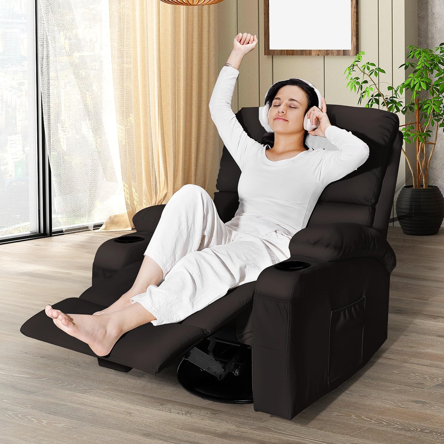 LAFWELL Rocking Recliner Chair, Massage Rocker Recliner Chair with Vibration Massage and Heat,360° Swivel Recliner Chairs, Living Room, Bedroom, Nursery, RV, Brown