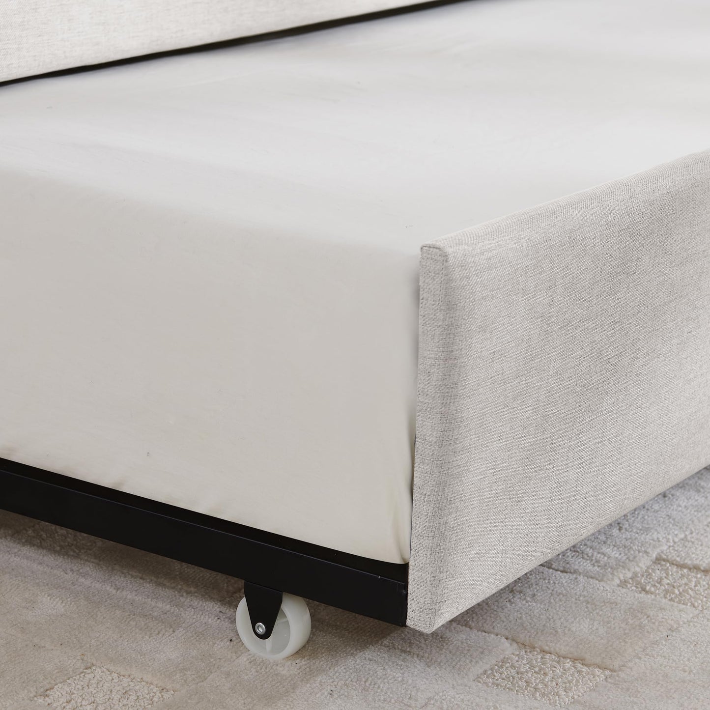 Ball & Cast Full Size Daybed with Pop up Trundle,Linen Upholstered Day Bed Frame with Channel Tufted Backrest & Armrest,Extendable Trundle Bed,Full to King Design,Easy Assembly,Black