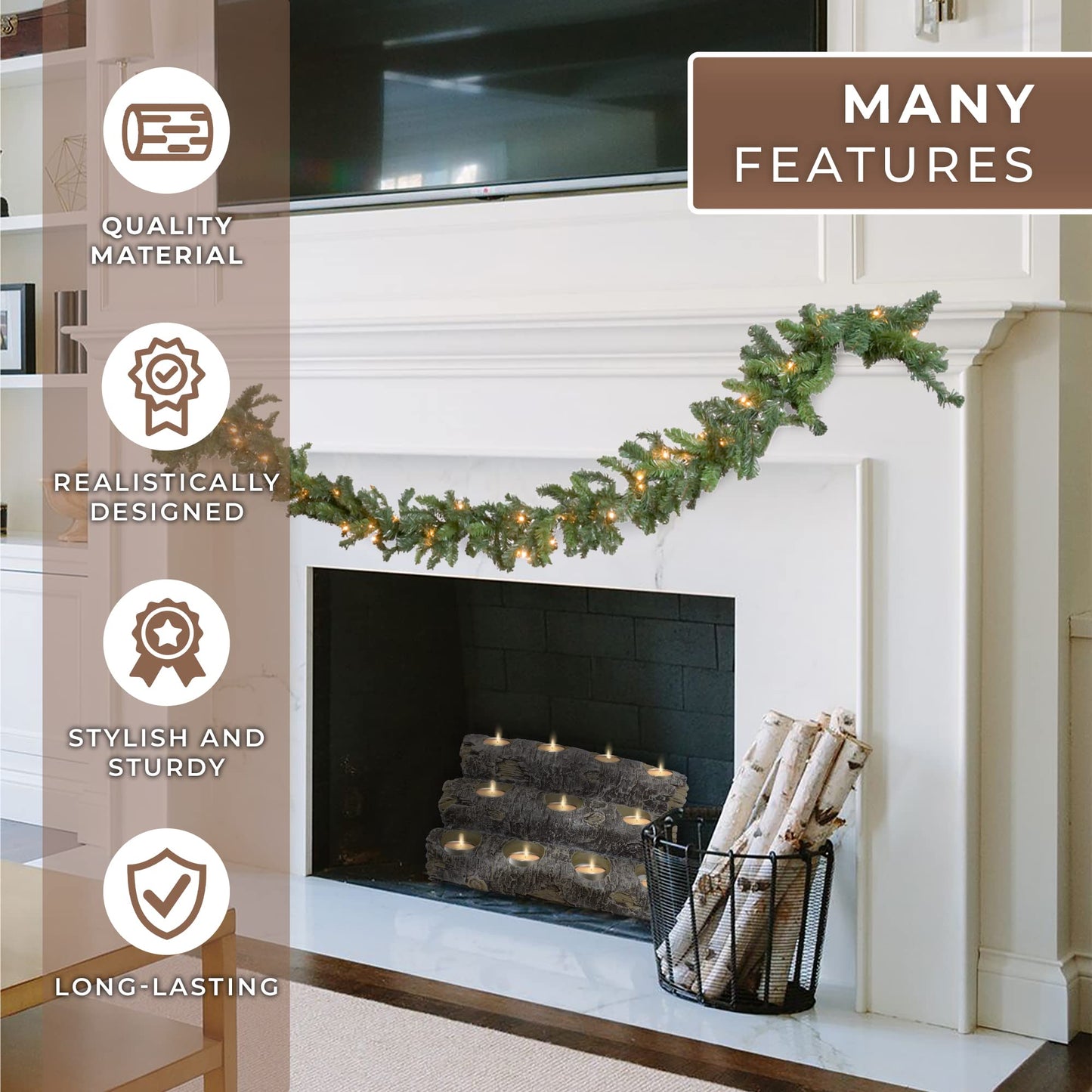 Castaway Faux Fireplace Logs Candle Holder — Realistic Rustic Wood Log Centerpiece with 12 Tea Light Candles, Safe, Smoke-Free ambiance, Authentic Wood Texture, and and Low Maintenance