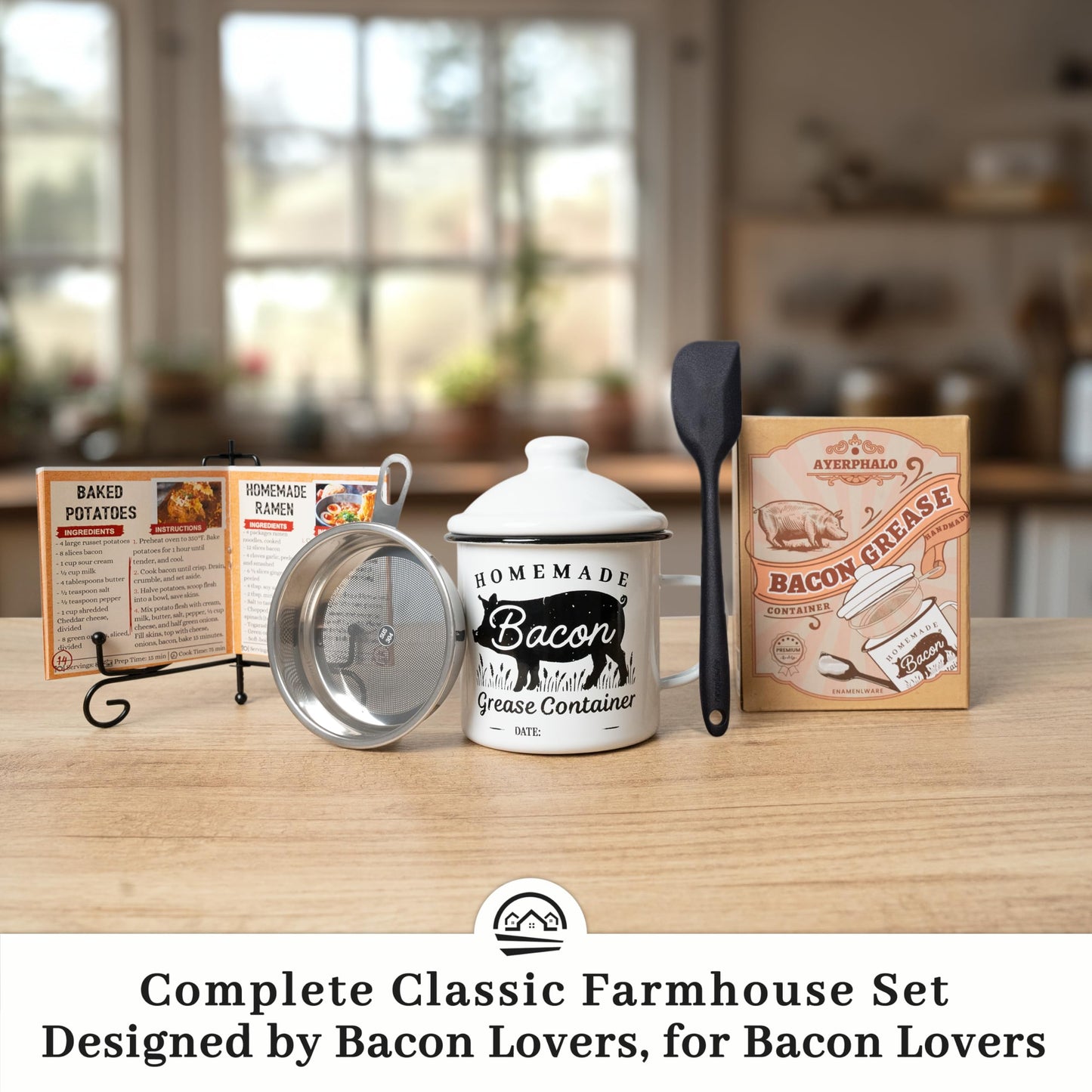 Ayerphalo Bacon Grease Container with Strainer - With Food-Grade Silicone Spatula, 24oz Enamel Rustic Farmhouse Fat Container, Keeper, Recipes, Dishwasher Safe