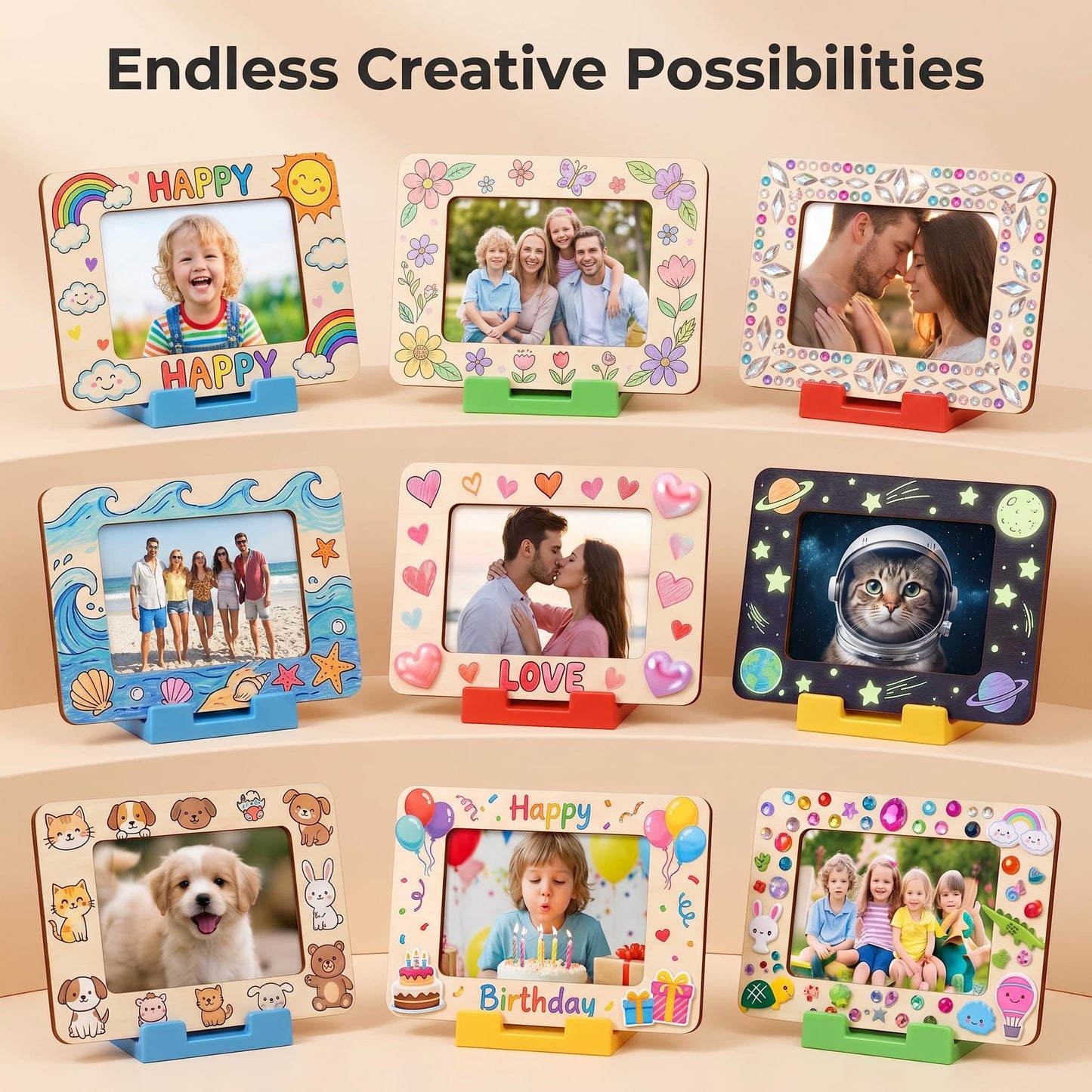 YOJO 12 Pack DIY Unfinished Wooden Picture Frame Kit, Mini Photo Frames with 12 Markers, Stickers, Magnetic Sheets, Stands & Clips for Fridge, Car Sun Visor & Desktop Decor, Creative Gift Set for Mother's Day Birthday Wedding