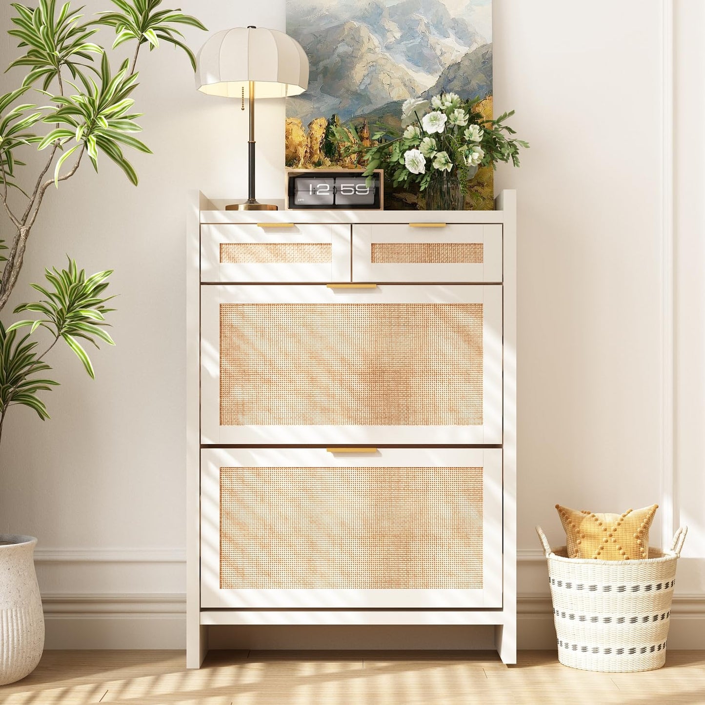 Shoe Organizer Cabinet Storage for Entryway - Slim Rattan Shoe Rack for Front Door Entrance, Narrow Hidden Shoe Cabinet with Flip Drawers, Boho Shoe Holder Cabinet,Two Doors, White, Set of 2